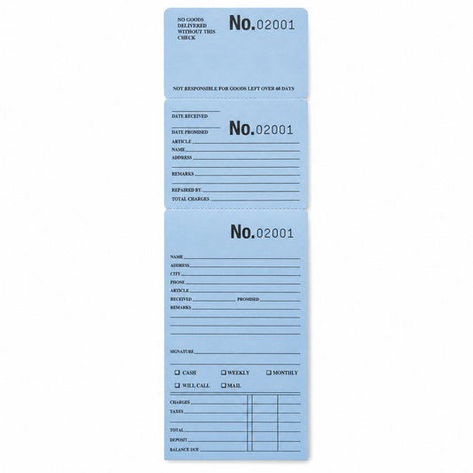 Blue repair and layaway envelope with numbered claim checks, front view