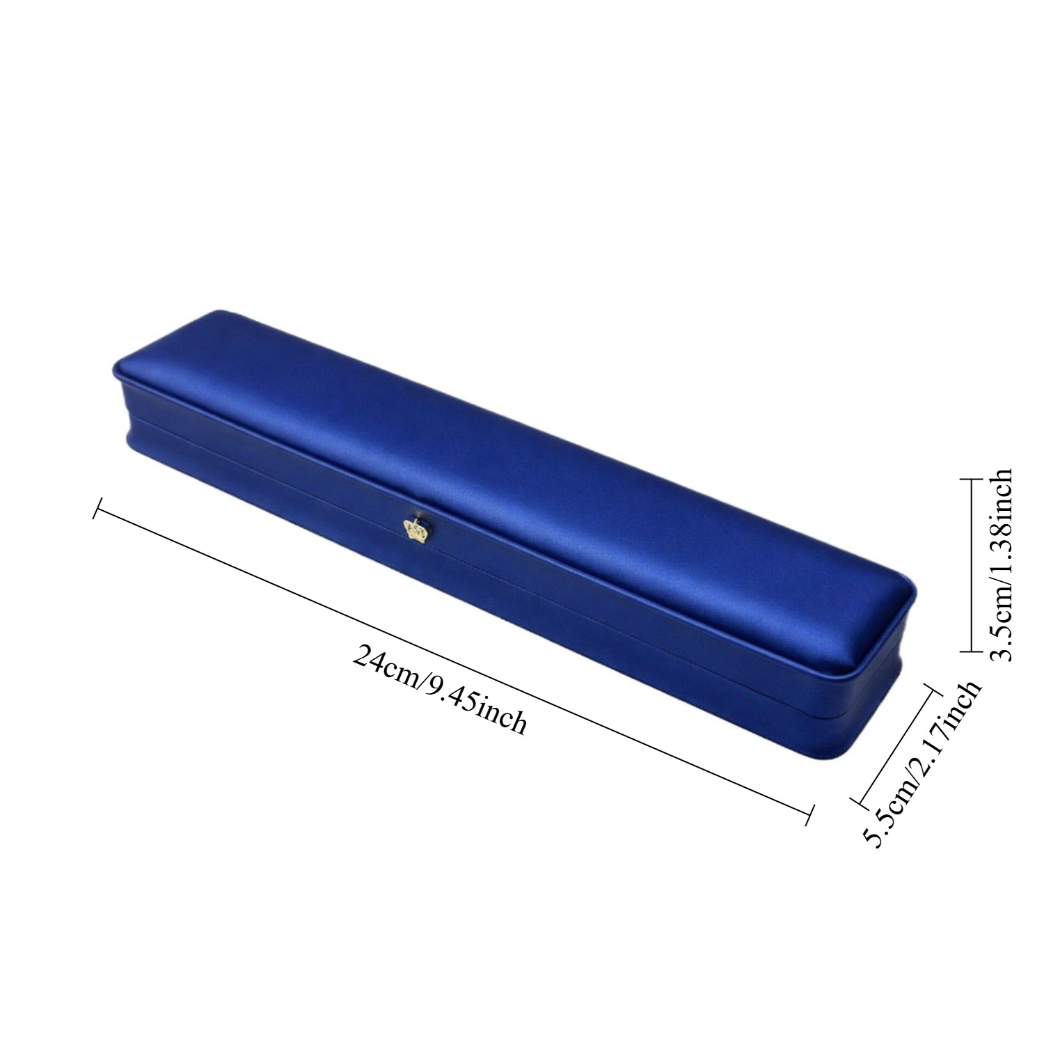 Long navy bracelet presentation case with curved corners, hinged lid, and cushioned jewelry holder.