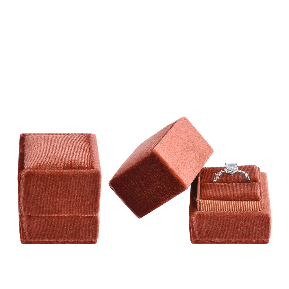 Brown Square Single Velvet Ring Box, product view 2