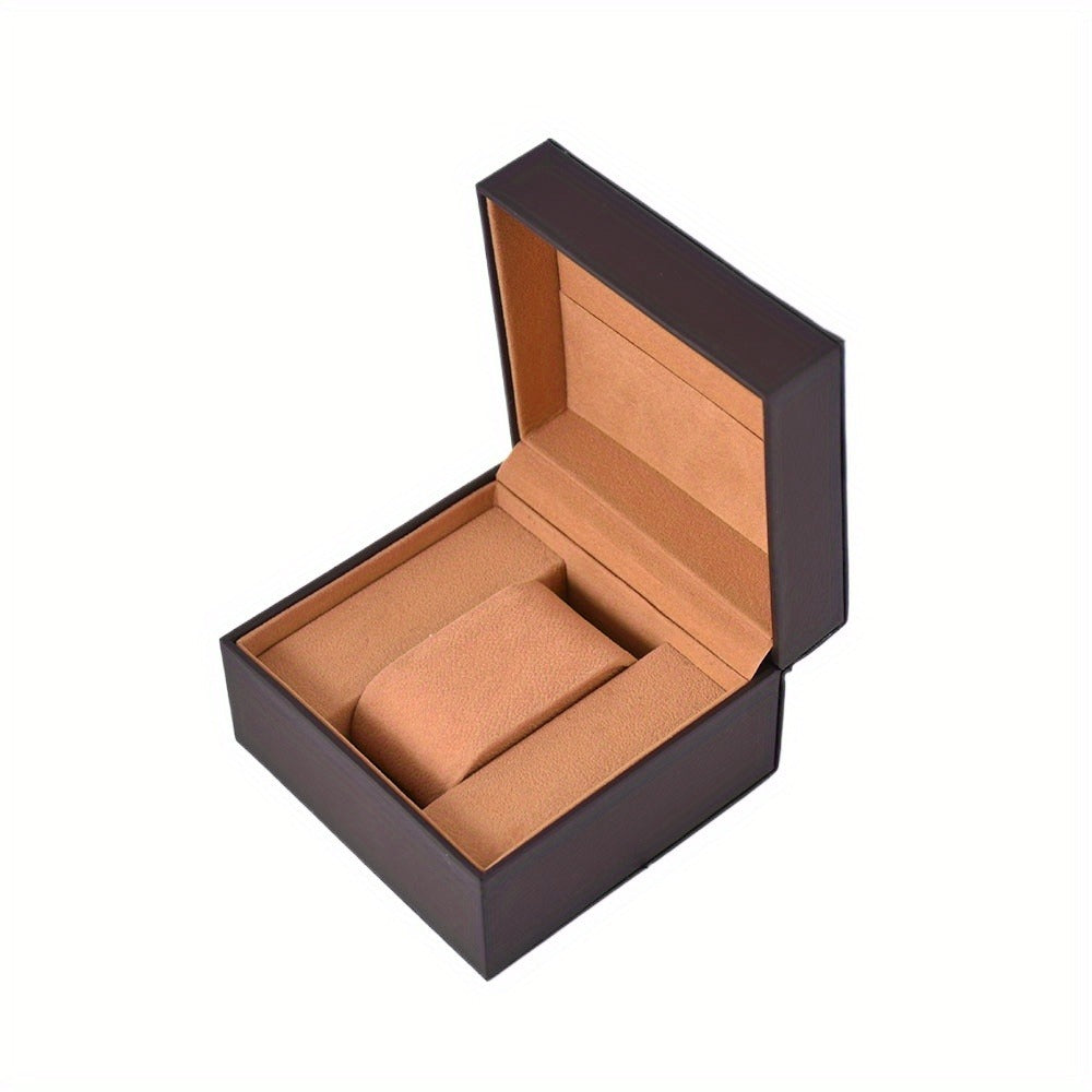 Single timepiece gift case in brown with a structured interior and protective watch pillow.