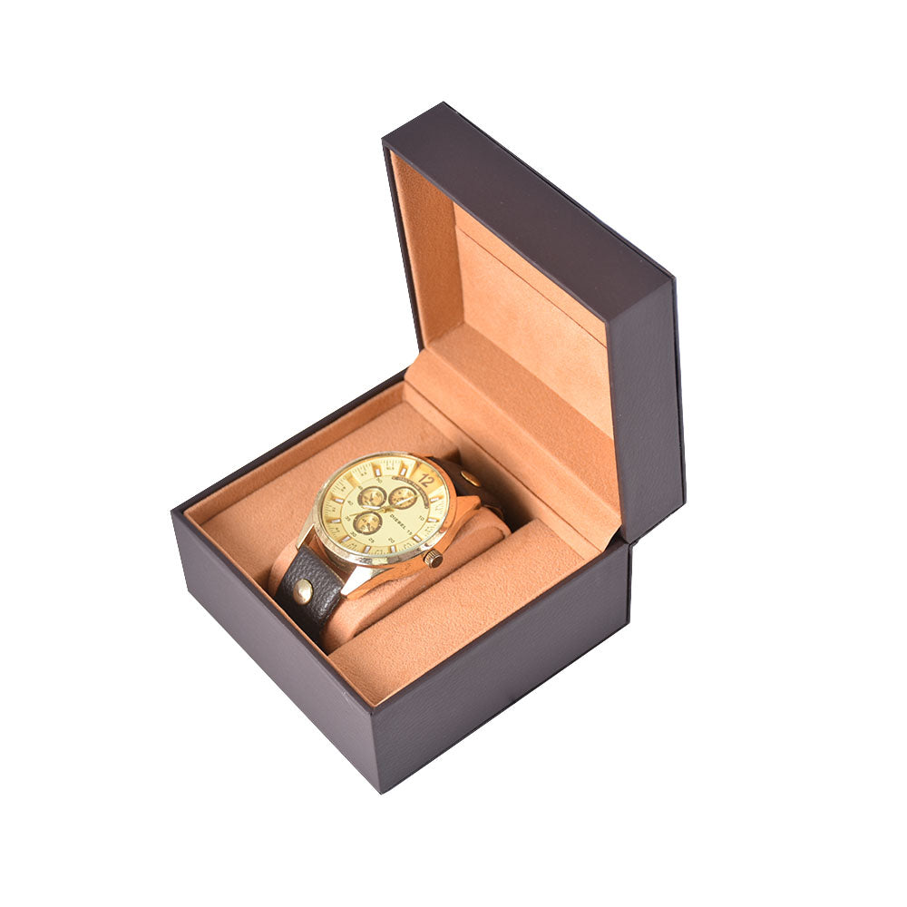 Open brown single watch box holding one wristwatch in a tan padded interior