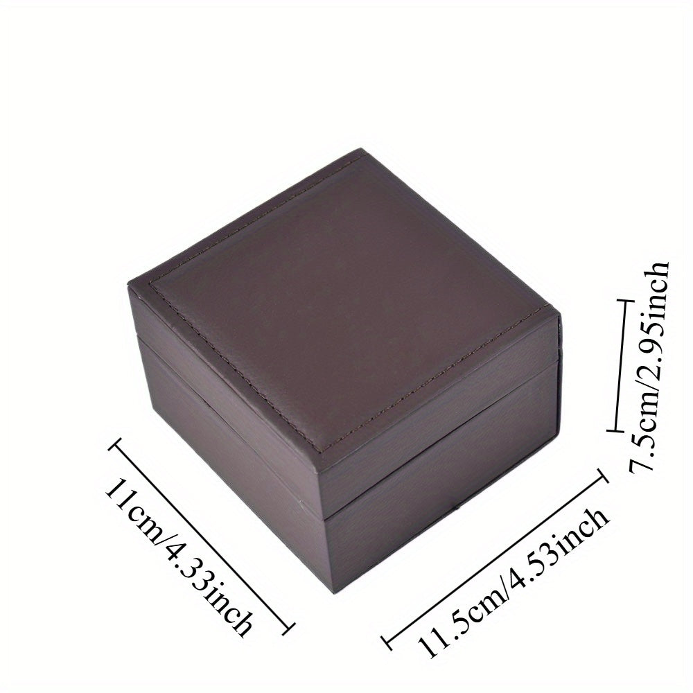 Brown one-watch presentation case with a hinged lid and fitted cushion on a white background.