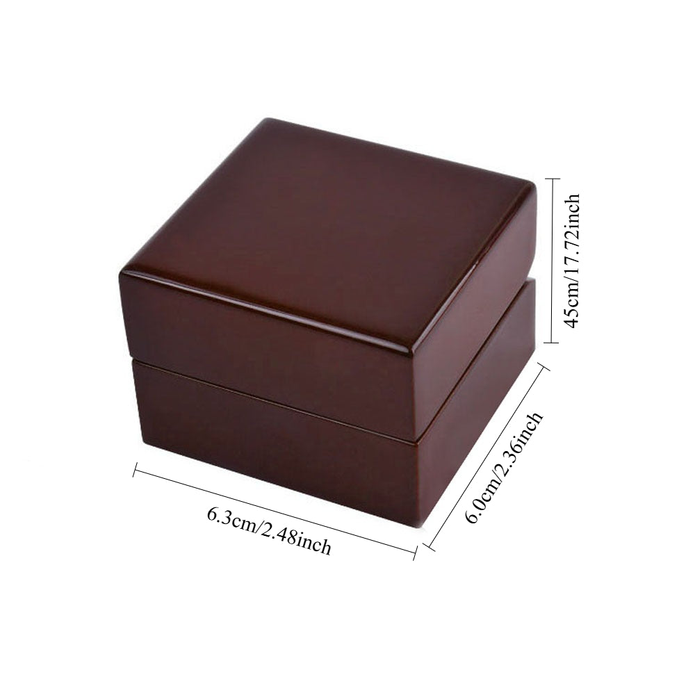 Burgundy wooden ring box for wedding ceremony with hinged lid and cushioned white single-ring insert