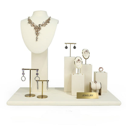 Beige Velvet Jewelry Display Set with Gold Metal Accents - Complete Retail Stand with Busts, Ring, Earring & Bracelet Holders