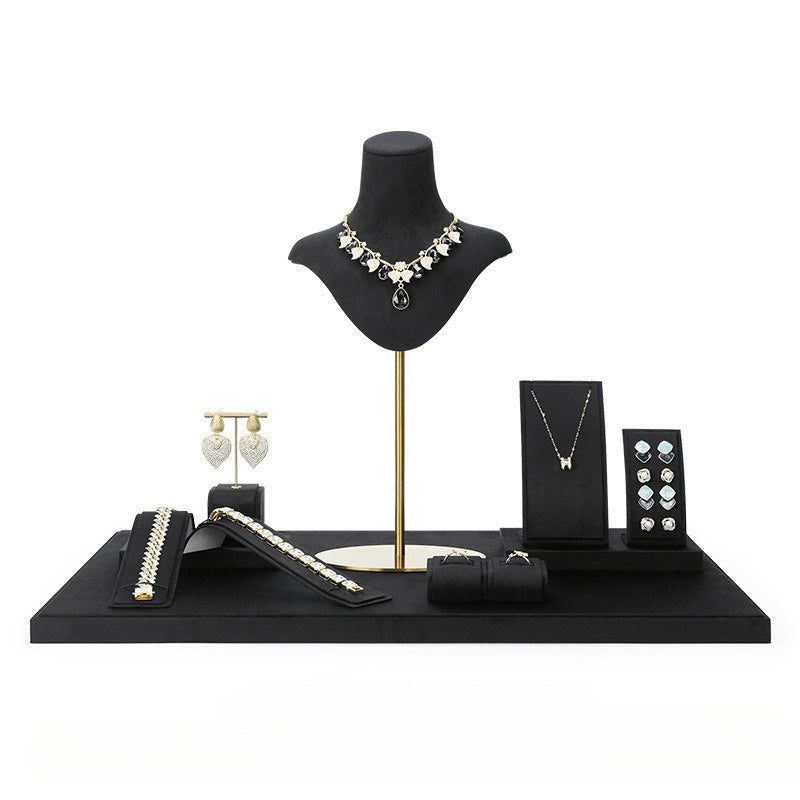 Black Velvet Jewelry Display Set - Complete Retail Stand with Bust, Earring, Ring & Bracelet Holders