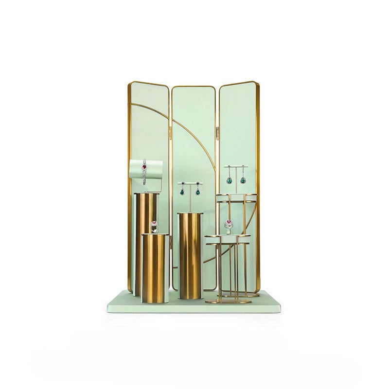 Light Green Velvet Jewelry Display Set with Gold Metal Base - Complete Stand for Necklaces, Earrings, Rings & Bracelets