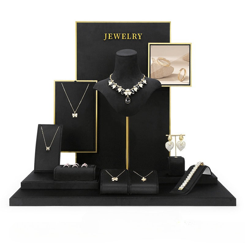 Black Velvet Jewelry Display Set - Complete Retail Stand with Bust, Earring, Ring & Bracelet Holders