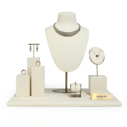 Beige Velvet Jewelry Display Set with Gold Metal Accents - Complete Retail Stand with Busts, Ring, Earring & Bracelet Holders