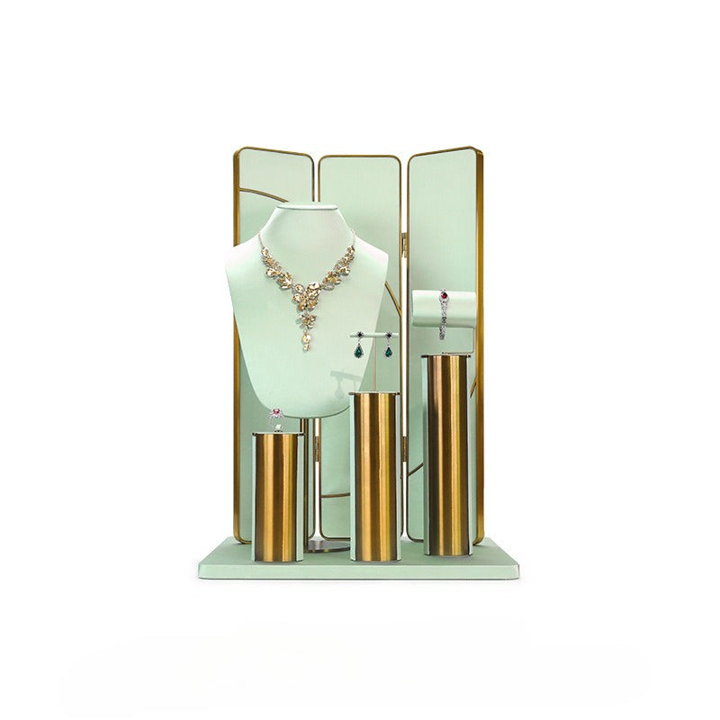 Light Green Velvet Jewelry Display Set with Gold Metal Base - Complete Stand for Necklaces, Earrings, Rings & Bracelets