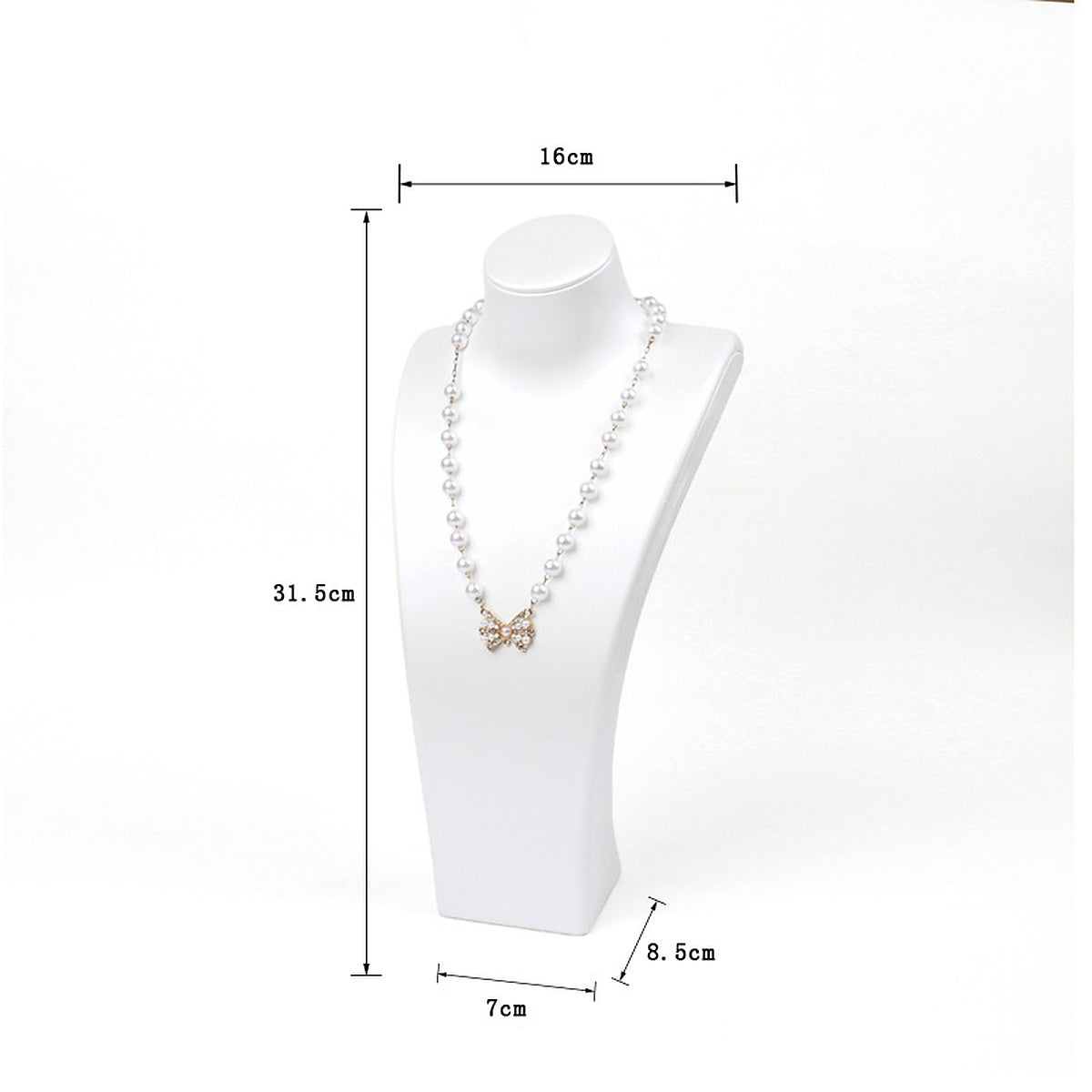 White brushed PU leather necklace display bust, 16 cm shoulder x 31.5 cm high - CND054