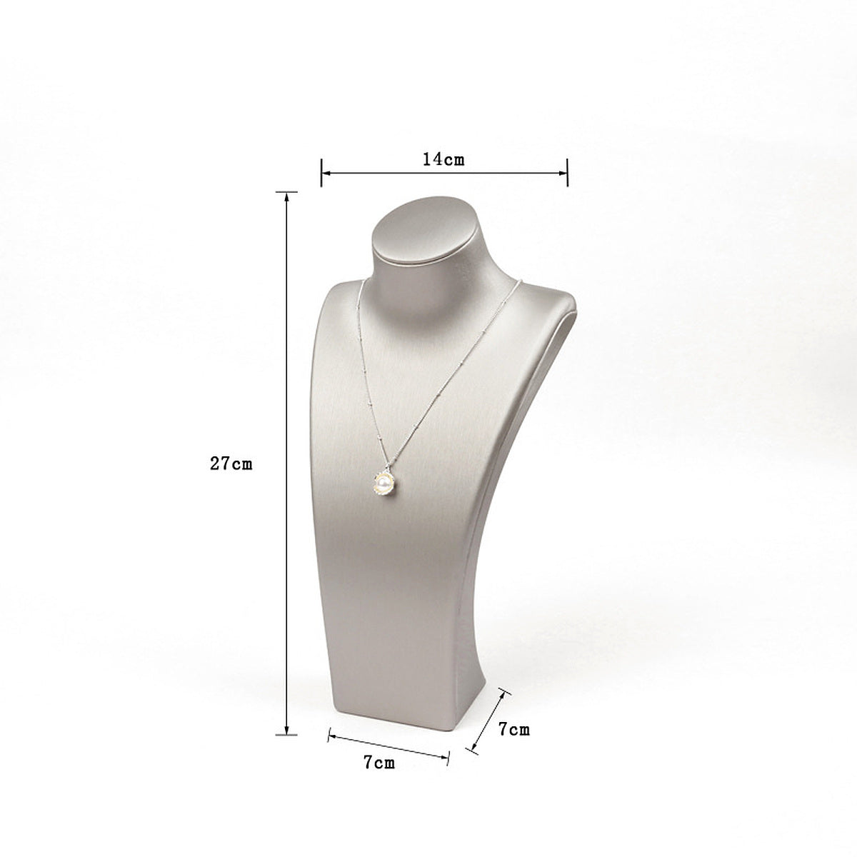 Silver brushed PU leather necklace display bust, 14 cm shoulder x 27 cm high - CND058