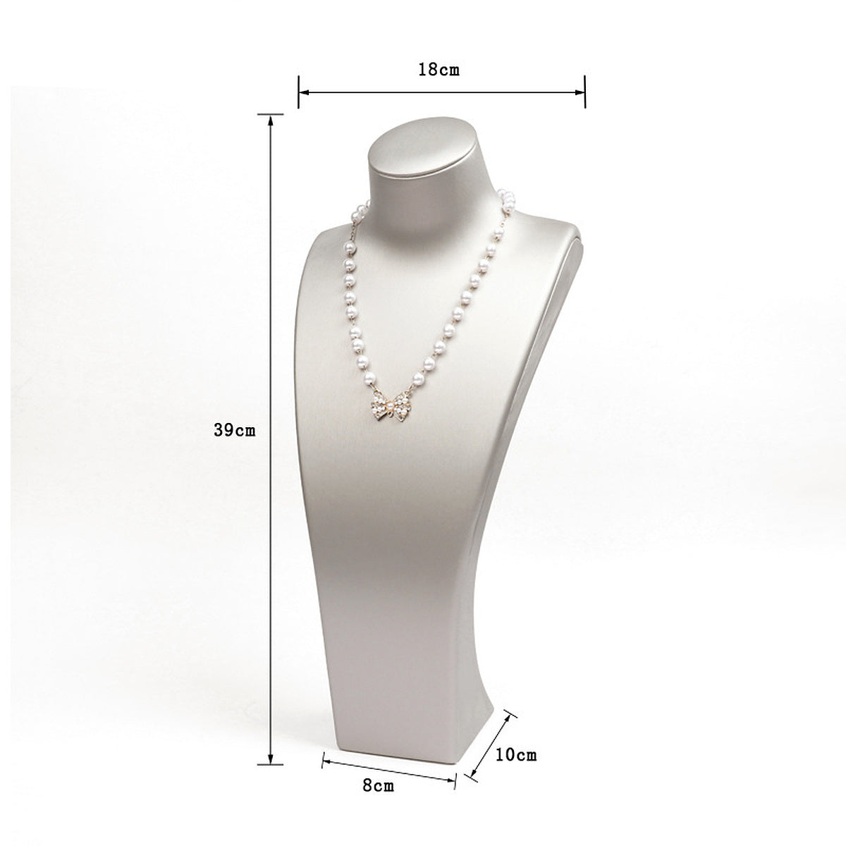 Silver brushed PU leather necklace display bust, 18 cm shoulder x 39 cm high - CND060