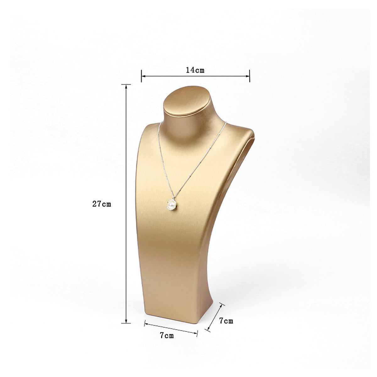 Gold brushed PU leather necklace display bust, 14 cm shoulder x 27 cm high - CND068