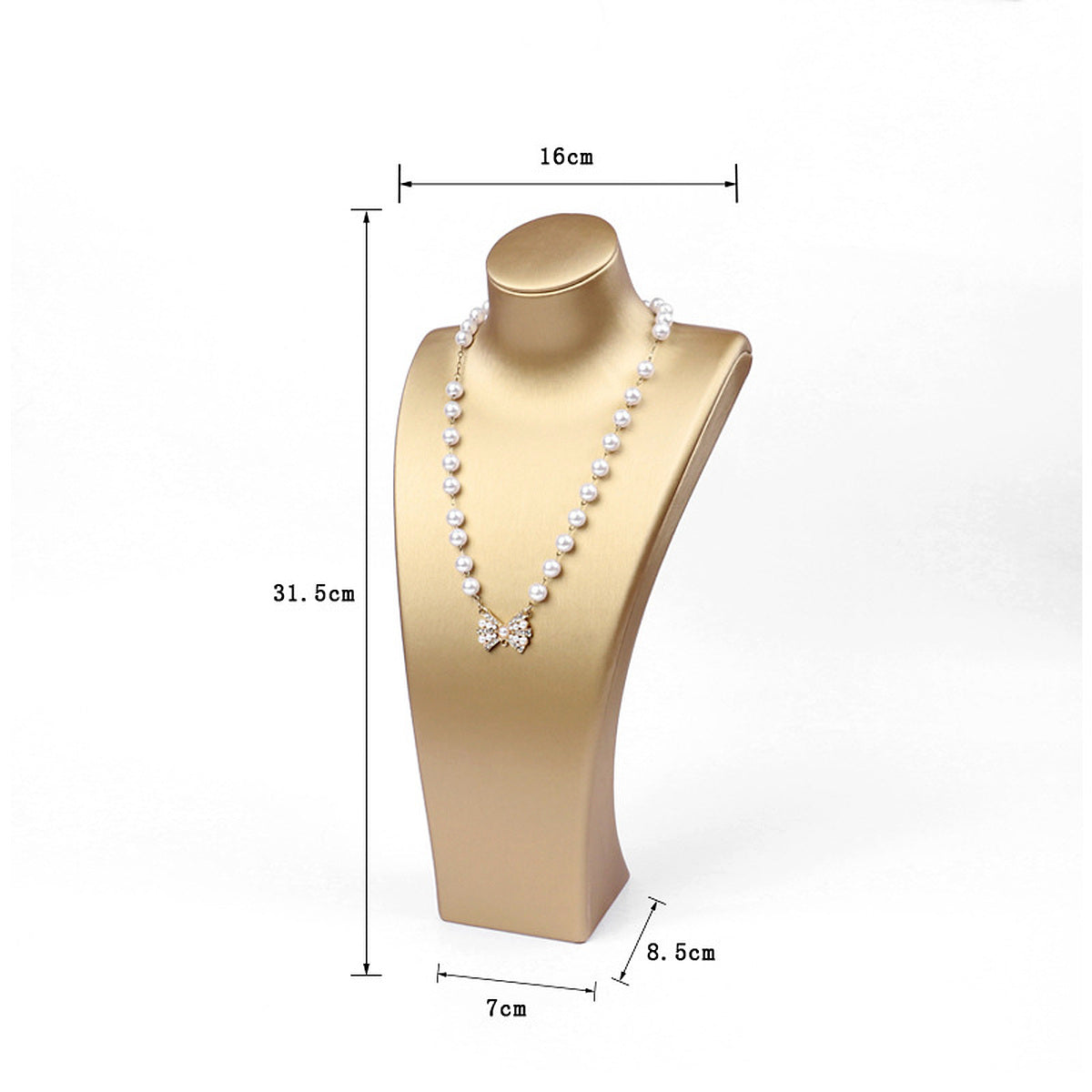 Gold brushed PU leather necklace display bust, 16 cm shoulder x 31.5 cm high - CND069