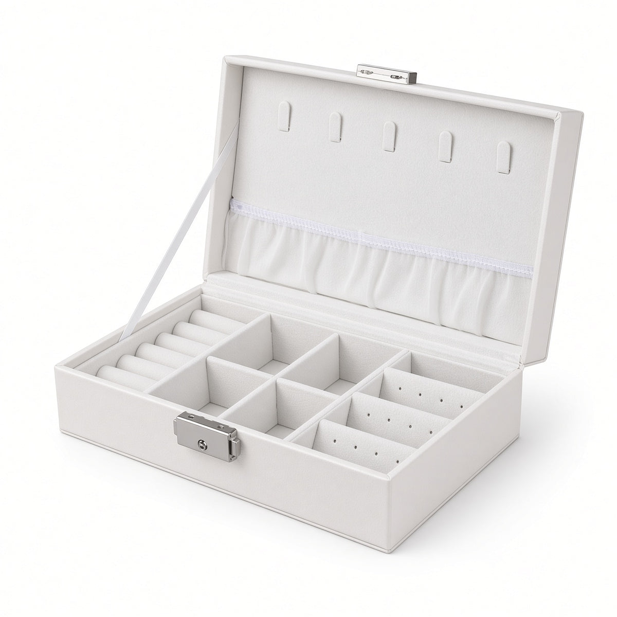 White compact jewelry box with lock open, showing necklace hooks and divided compartments