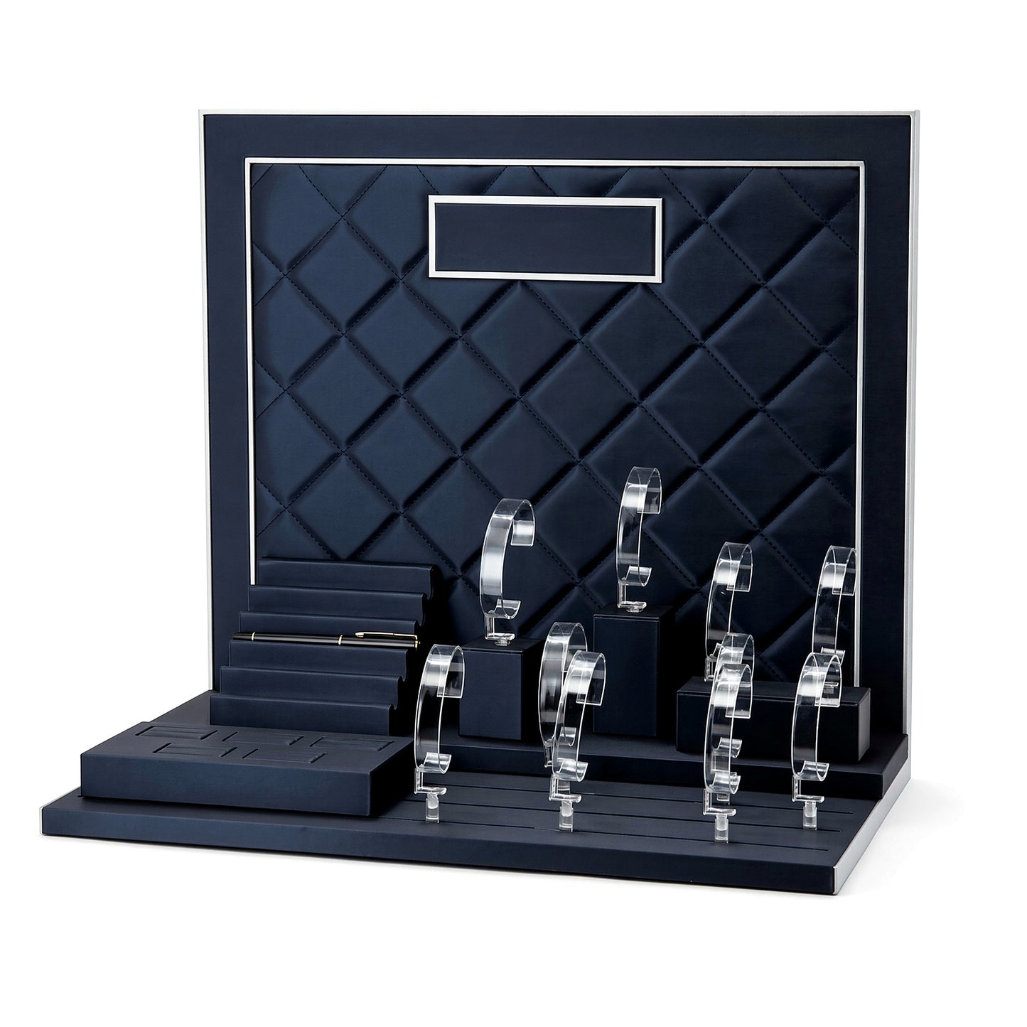 Custom Black Acrylic Watch Display Tray Collection with the full backboard for configuration review