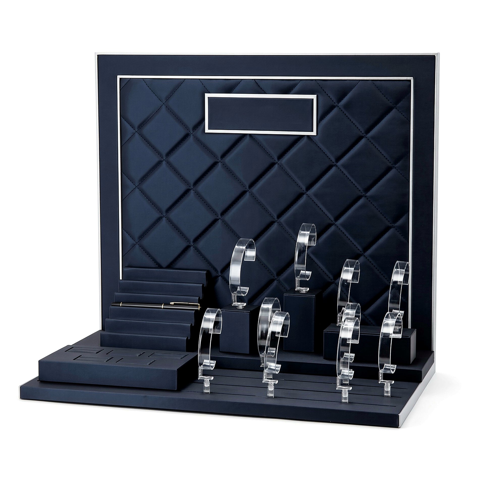 Custom Black Acrylic Watch Display Tray Collection with the full backboard for configuration review