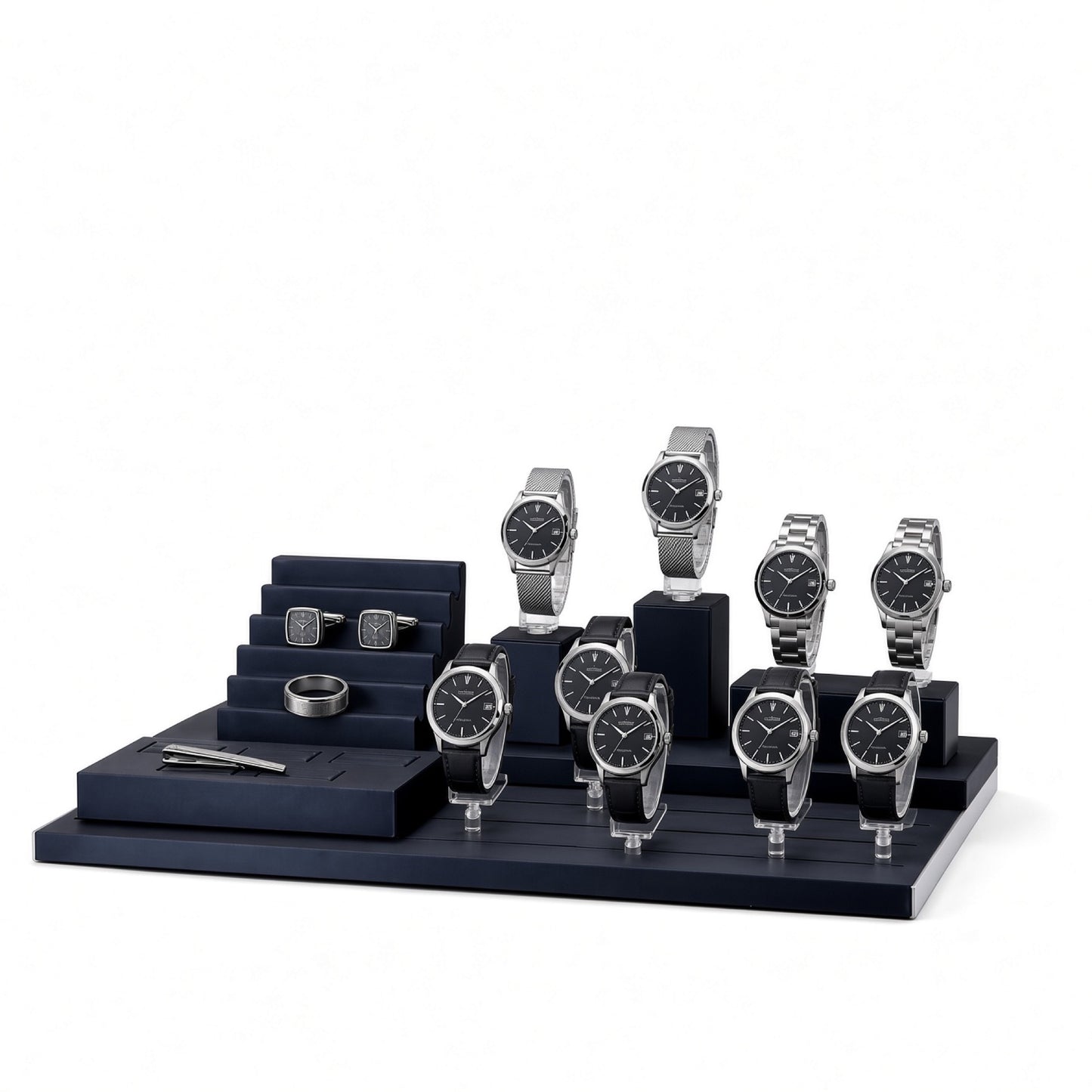 Custom Black Acrylic Watch Display Tray Collection without the backboard, styled with watches and jewelry