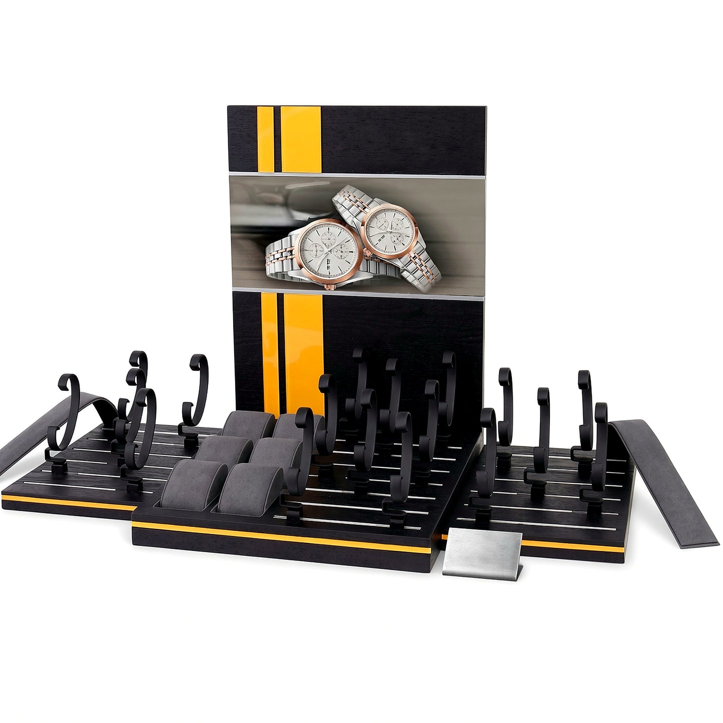 Custom Black Charcoal Watch Stand and Tray Set with the full backboard for configuration review