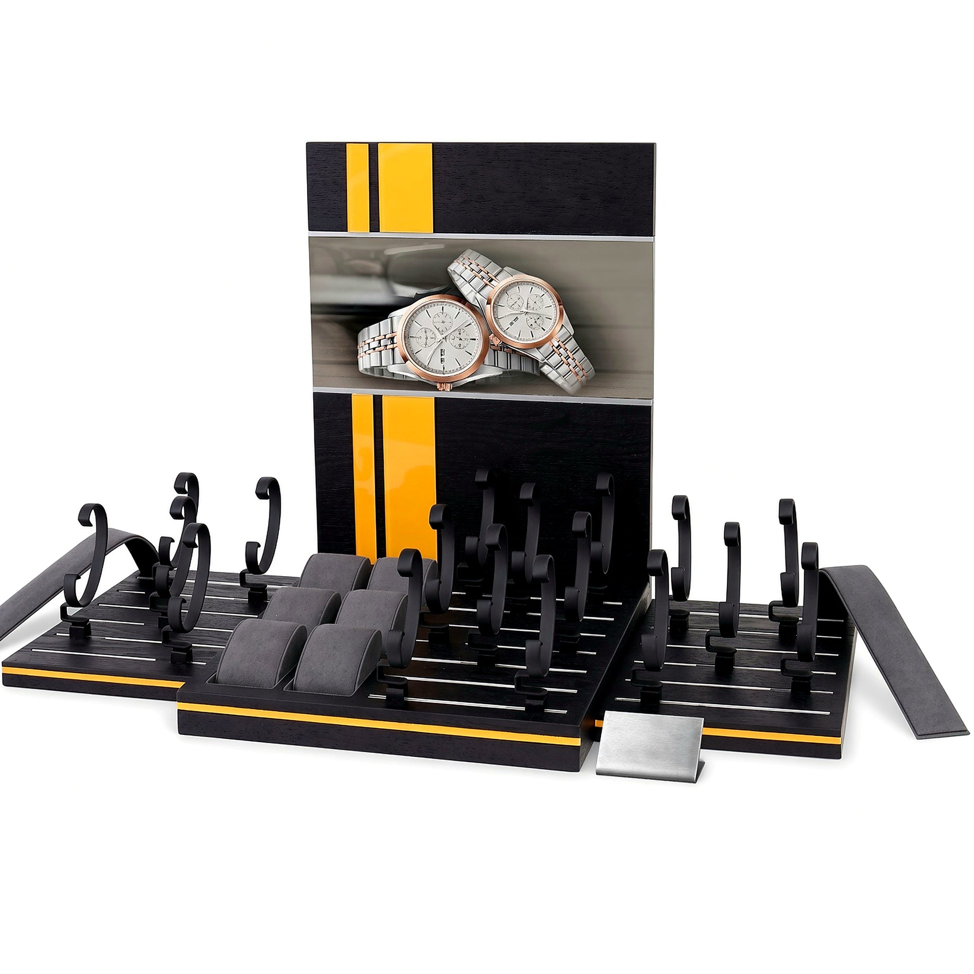 Custom Black Charcoal Watch Stand and Tray Set with the full backboard for configuration review