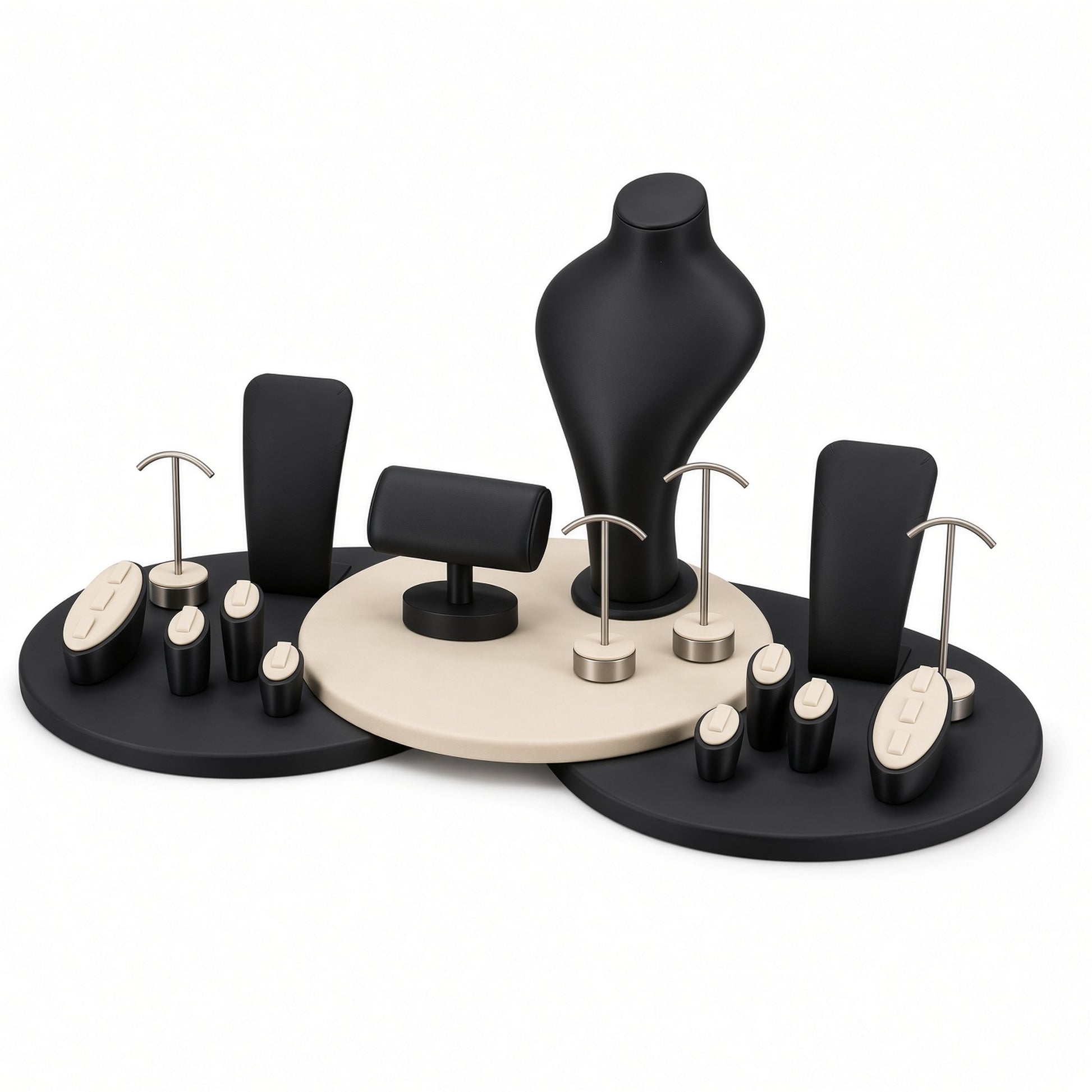 Custom Black Circular Platform Jewelry Display Rack Set shown without the backboard in a black and cream arrangement with the display pieces presented for configuration review