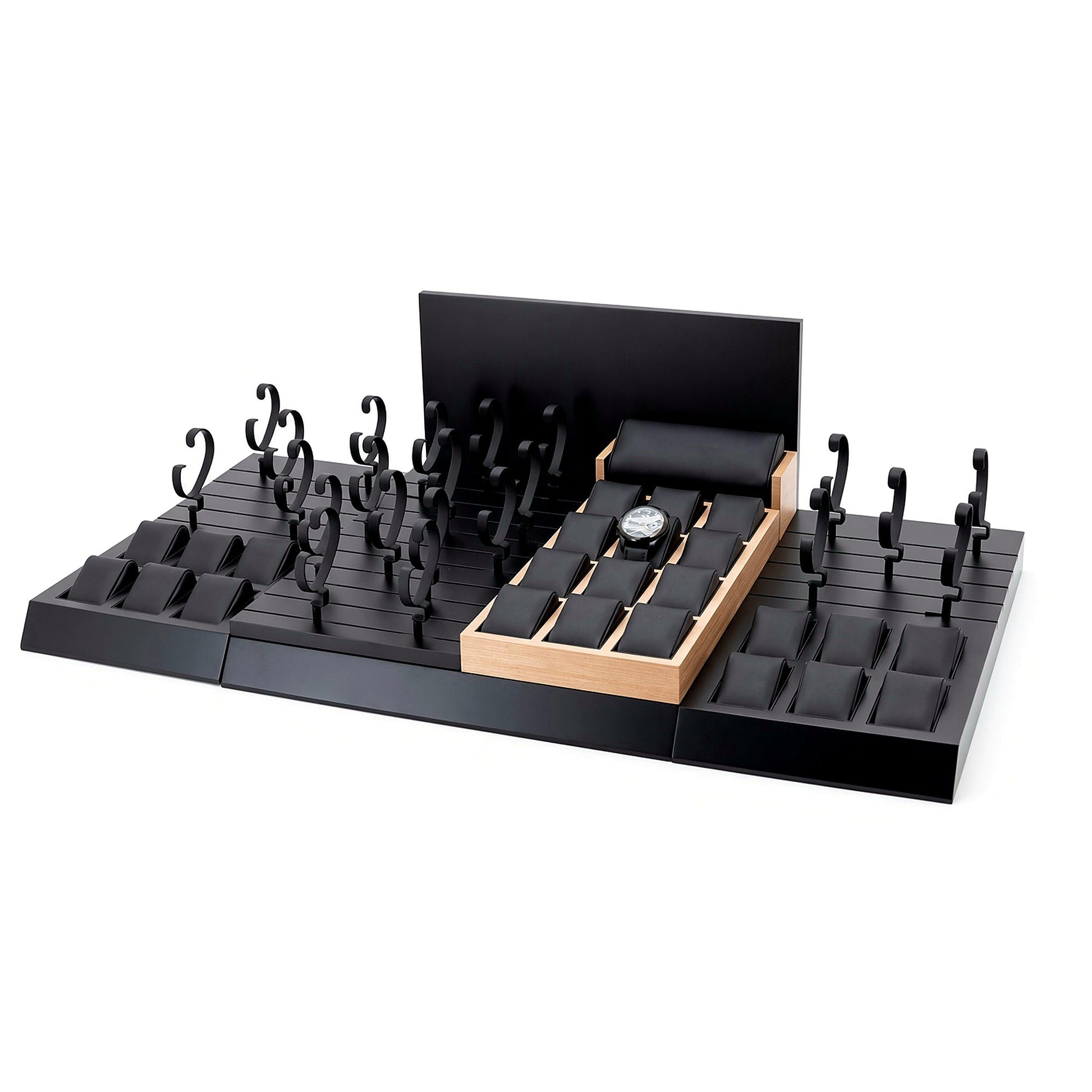 Custom Black Gold Watch Display Tray System with the full backboard for configuration review