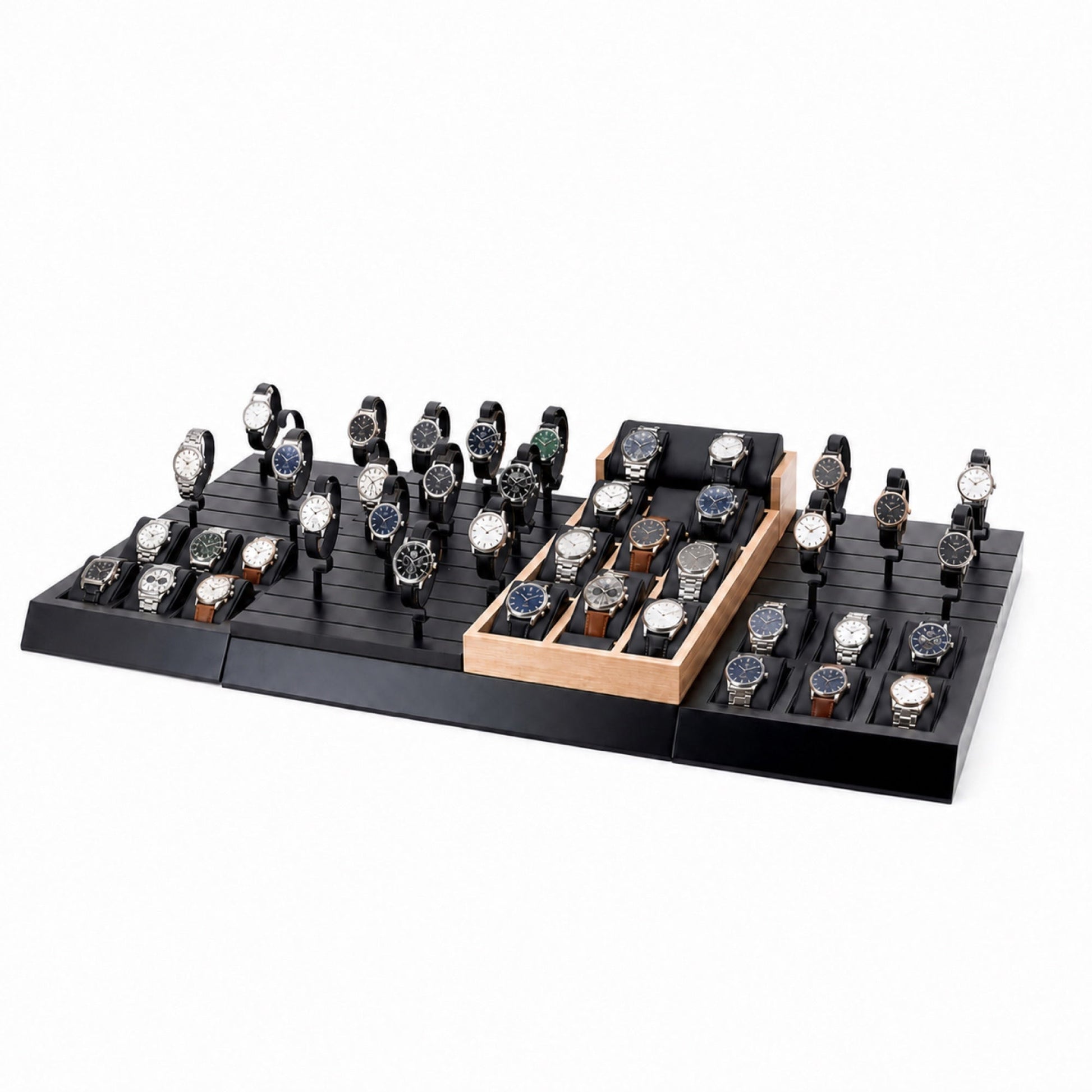 Custom Black Gold Watch Display Tray System without the backboard, styled with watches and jewelry