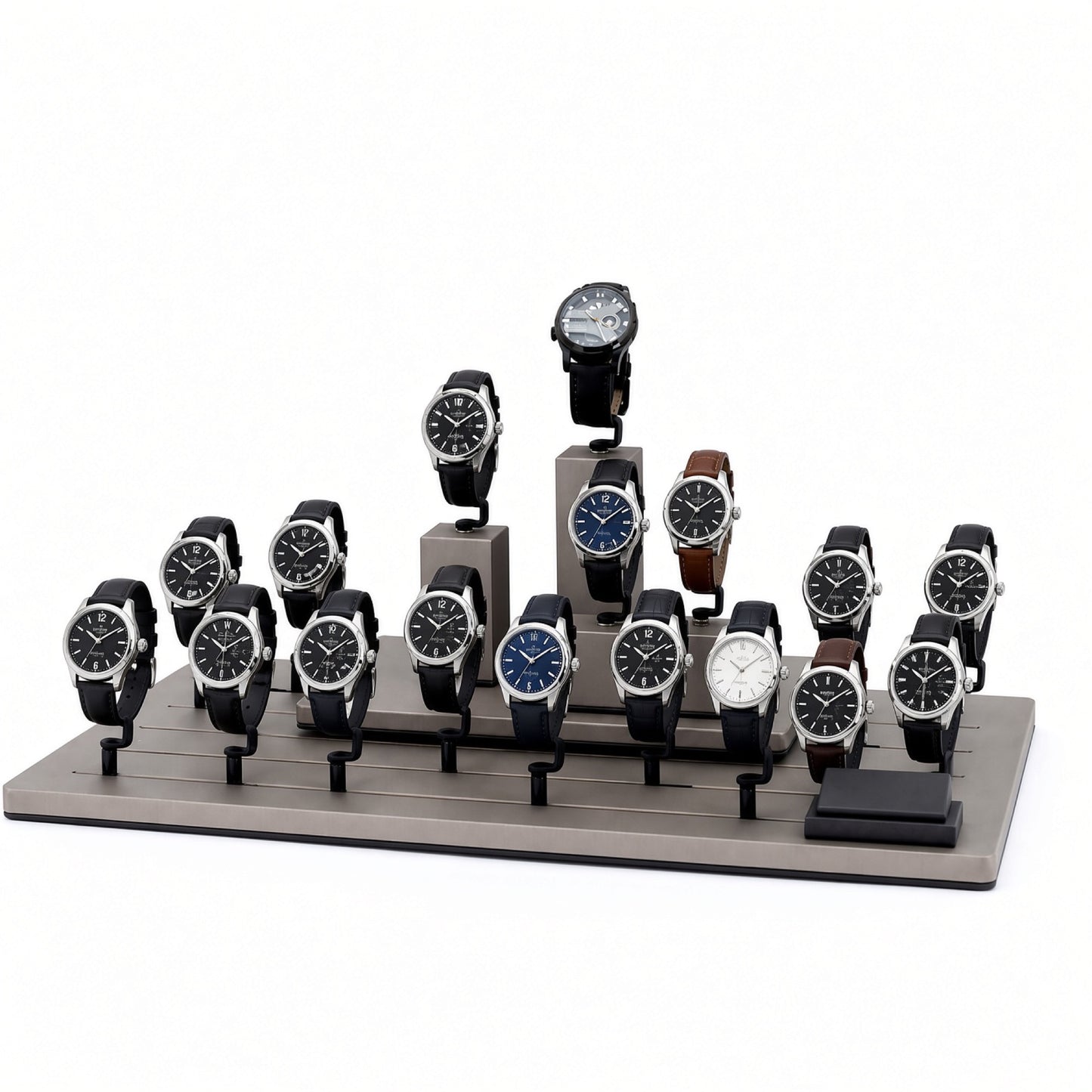 Custom Black Gray Tiered Watch Display Rack without the backboard, styled with watches and jewelry