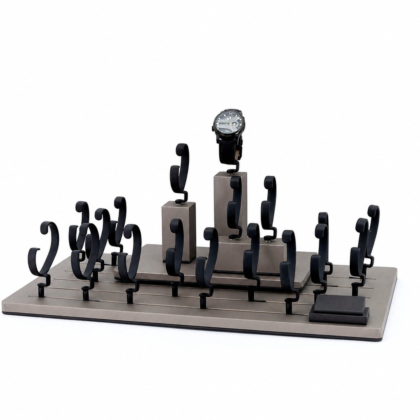 Custom Black Gray Tiered Watch Display Rack without the backboard for configuration review