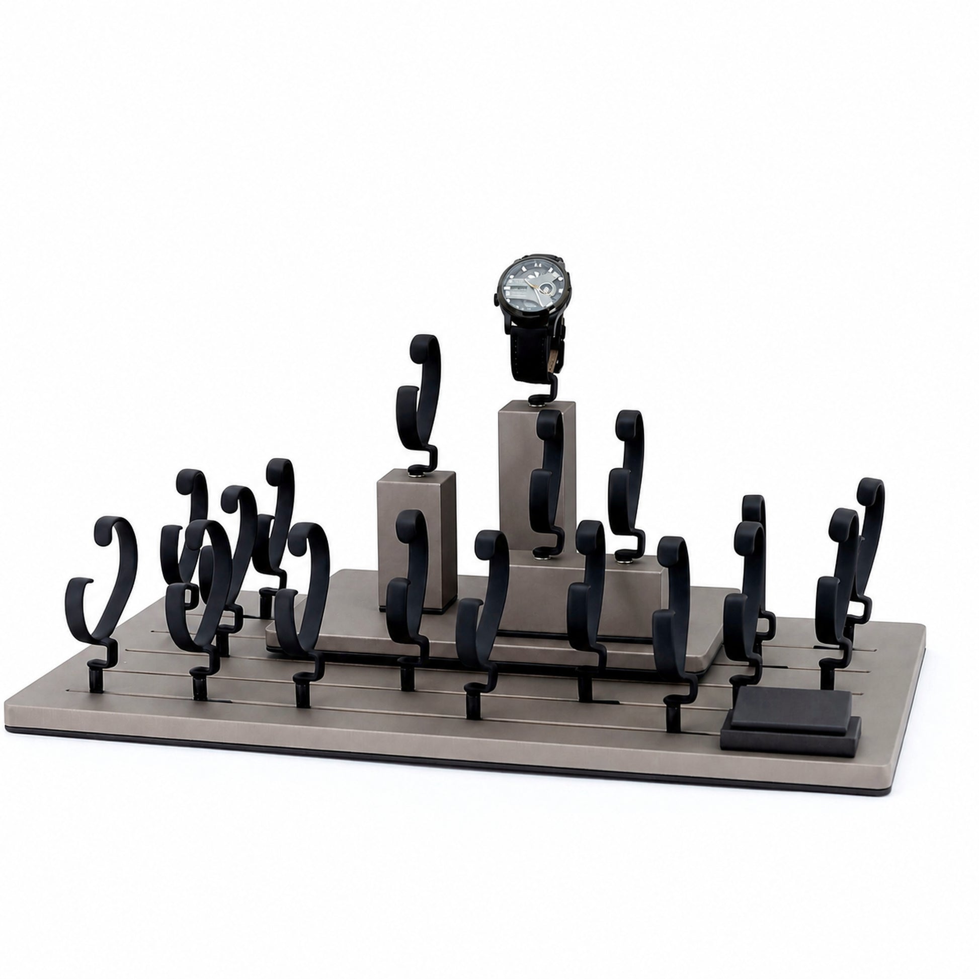 Custom Black Gray Tiered Watch Display Rack without the backboard for configuration review