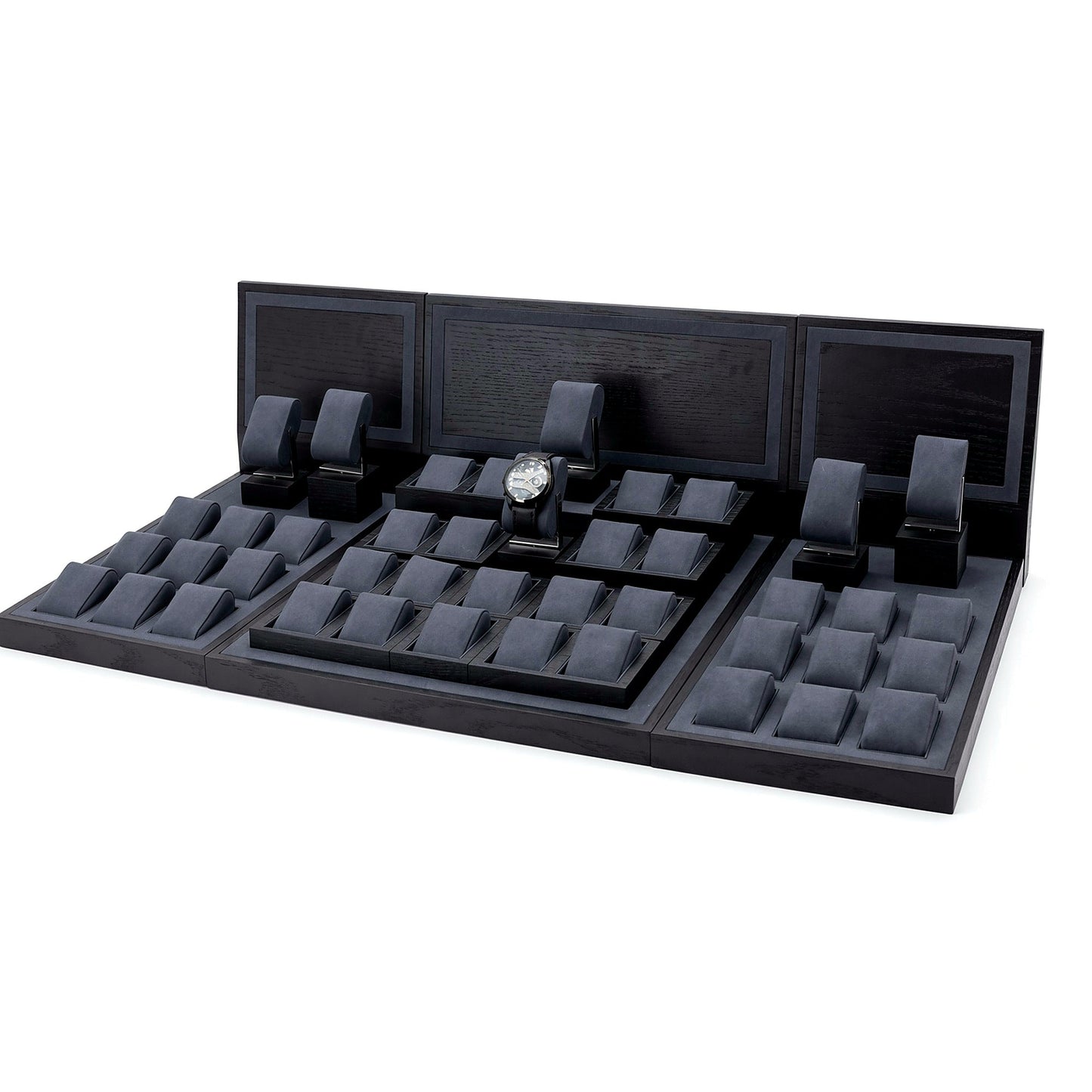 Custom Black Modular Watch Tray and Stand Set with the full backboard for configuration review