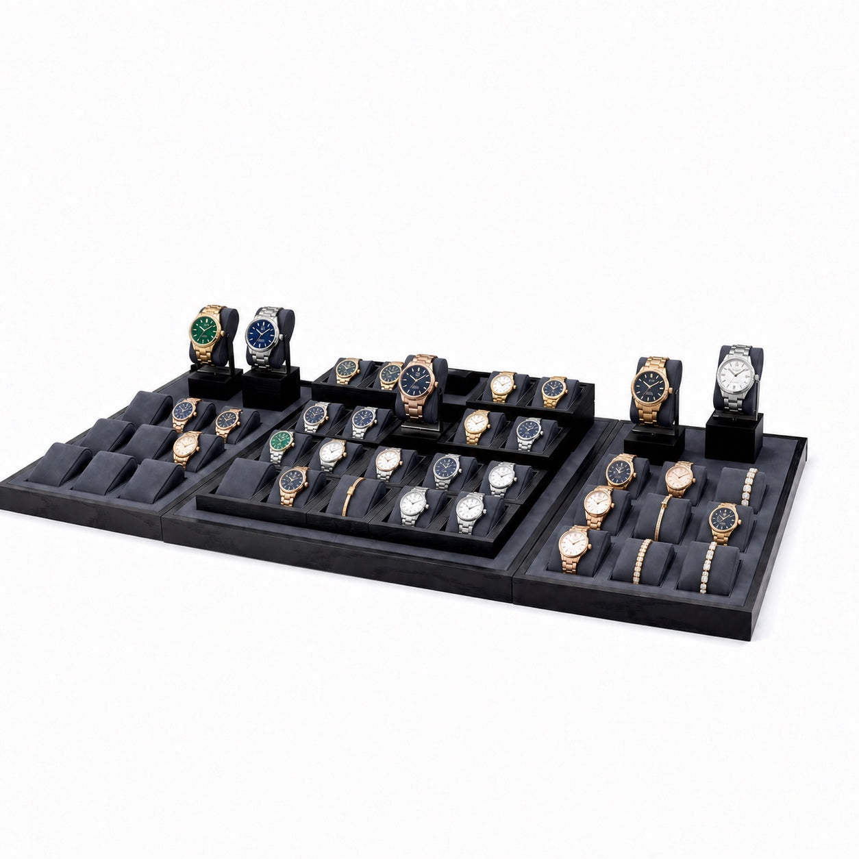 Custom Black Modular Watch Tray and Stand Set without the backboard, styled with watches and jewelry