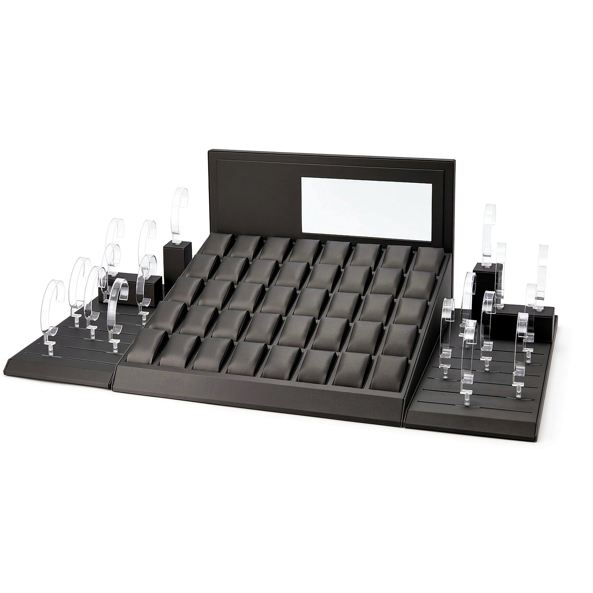 Custom Black Multi-Slot Watch Tray Collection with the full backboard for configuration review