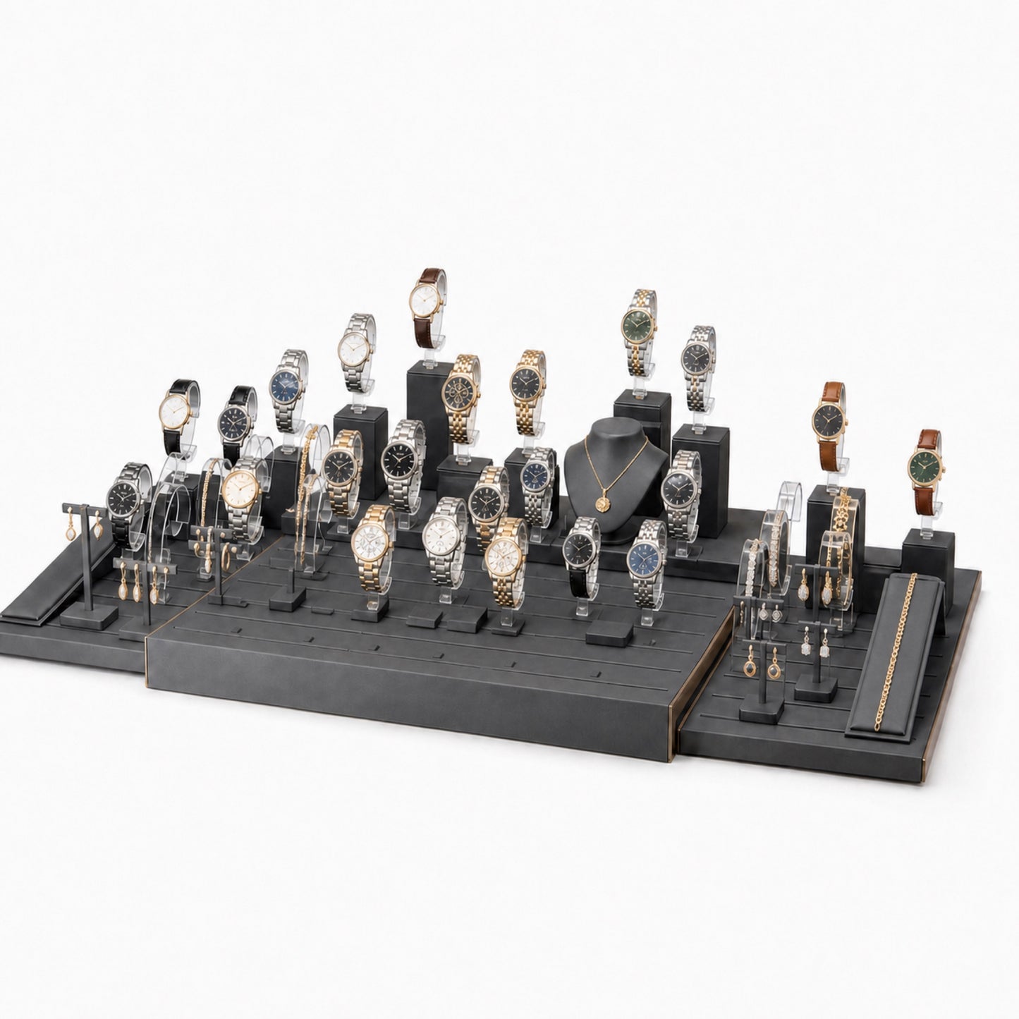 Custom Black Multi-Slot Watch Tray Collection without the backboard, styled with watches and jewelry