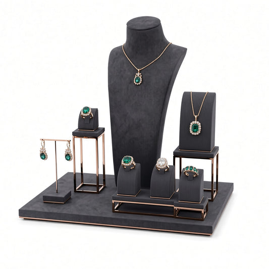 Custom Black Open-Frame Jewelry Display Set without the backboard, styled with necklaces, earrings, rings and bracelets across the coordinated display pieces