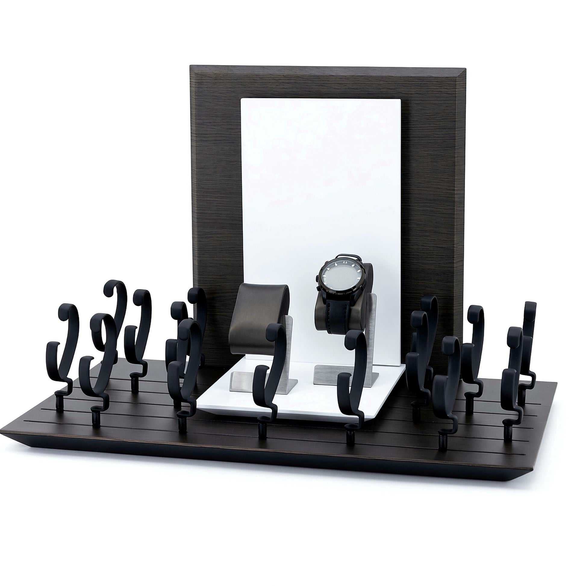 Custom Black Oval Watch Stand Collection with the full backboard for configuration review
