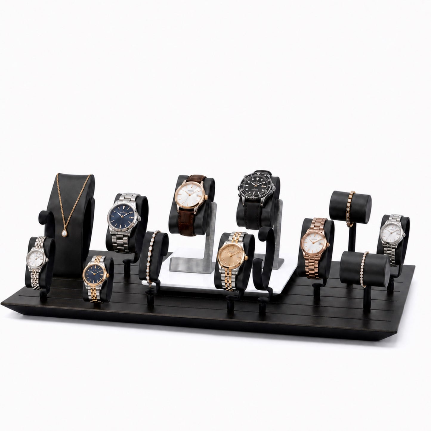 Custom Black Oval Watch Stand Collection without the backboard, styled with watches and jewelry