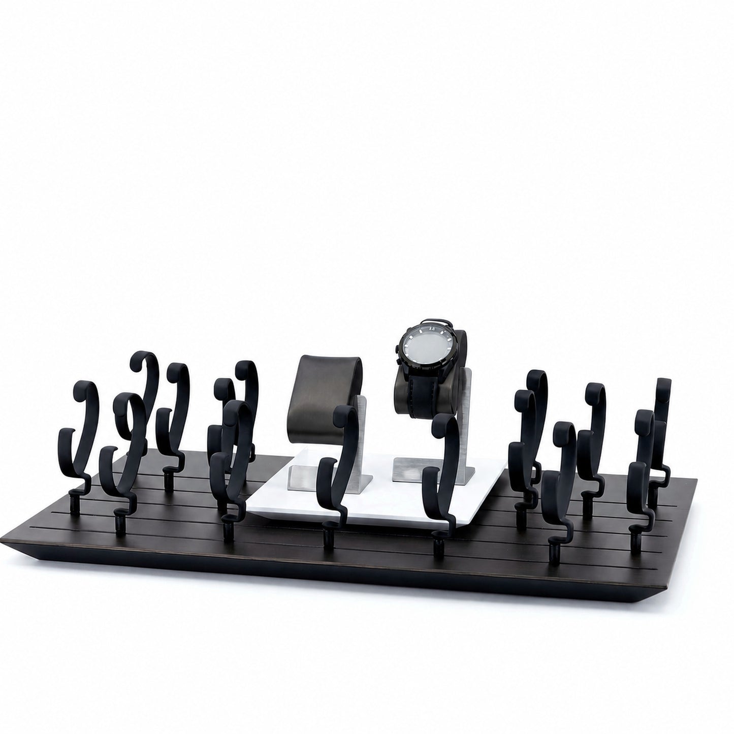 Custom Black Oval Watch Stand Collection without the backboard for configuration review