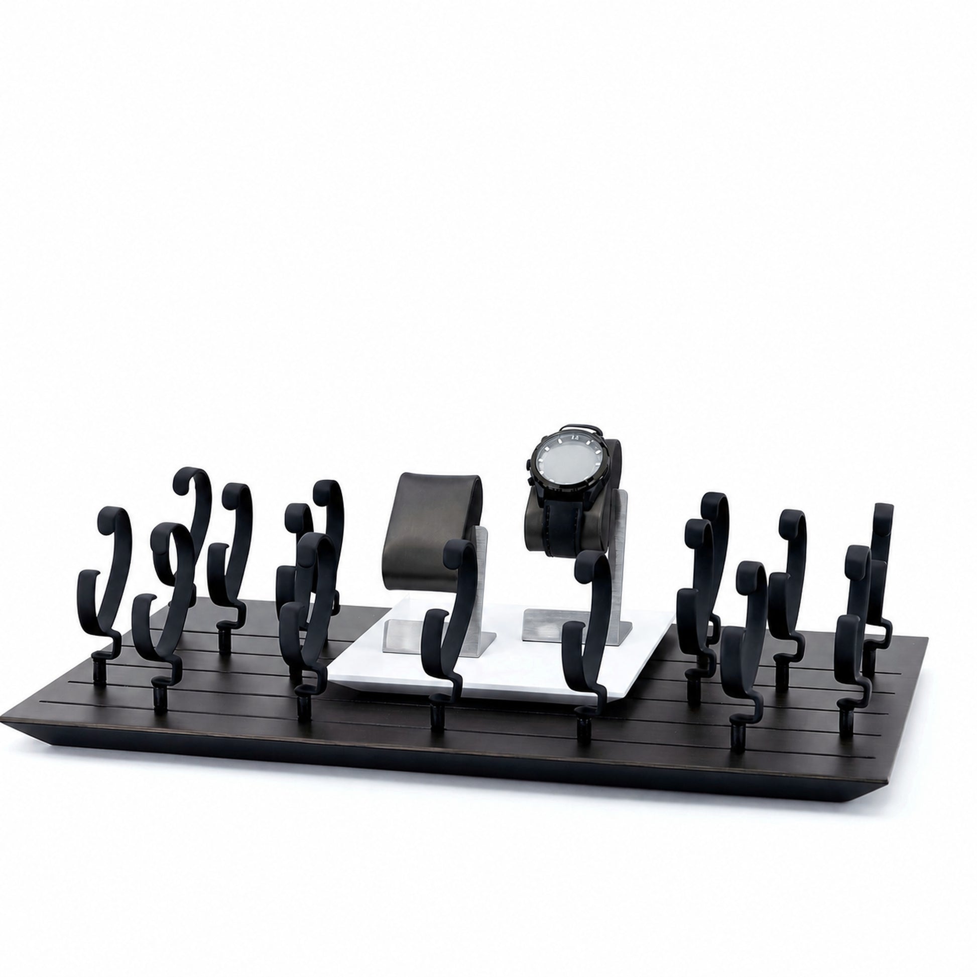 Custom Black Oval Watch Stand Collection without the backboard for configuration review
