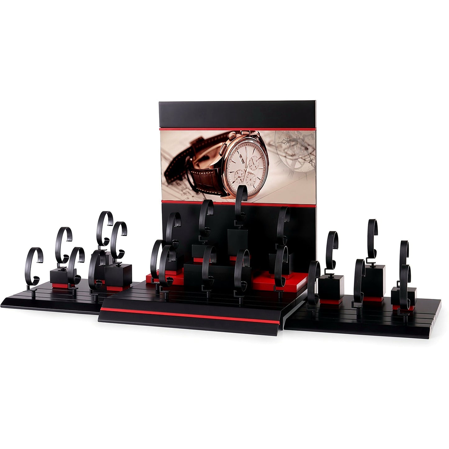 Custom Black Red Watch Holder Rack with the full backboard for configuration review