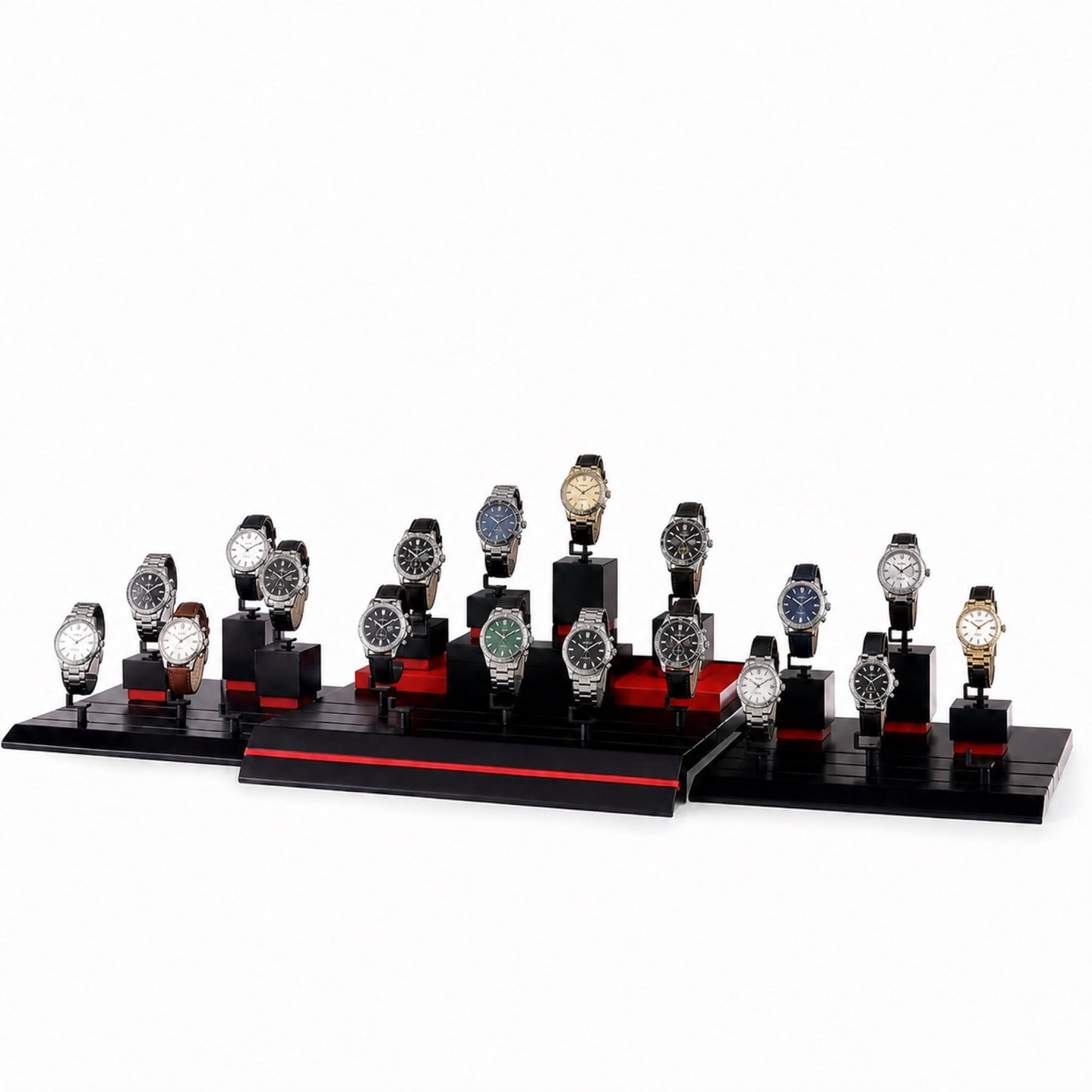 Custom Black Red Watch Holder Rack without the backboard, styled with watches and jewelry