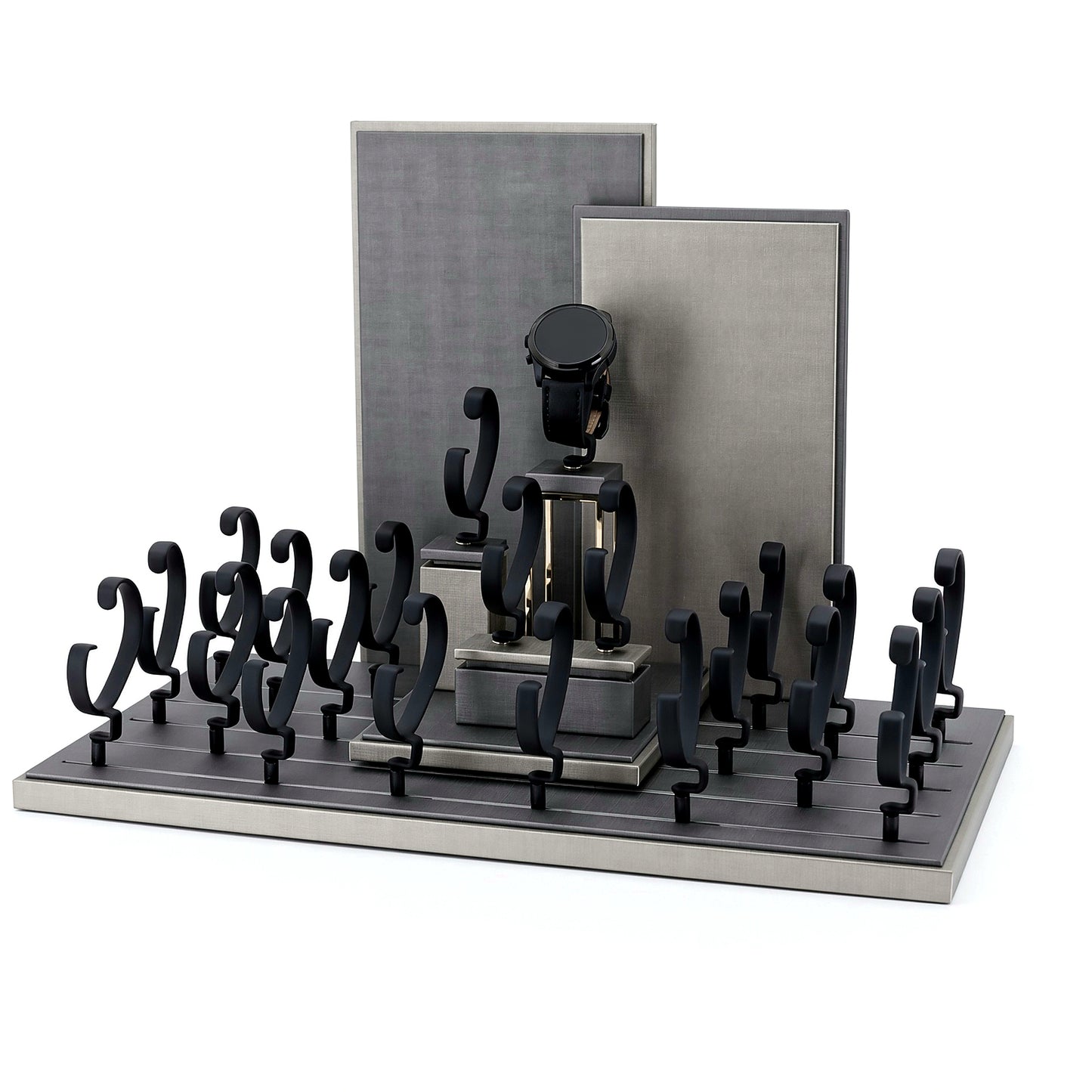 Custom Black Watch Holder Pedestal Display Set with the full backboard for configuration review