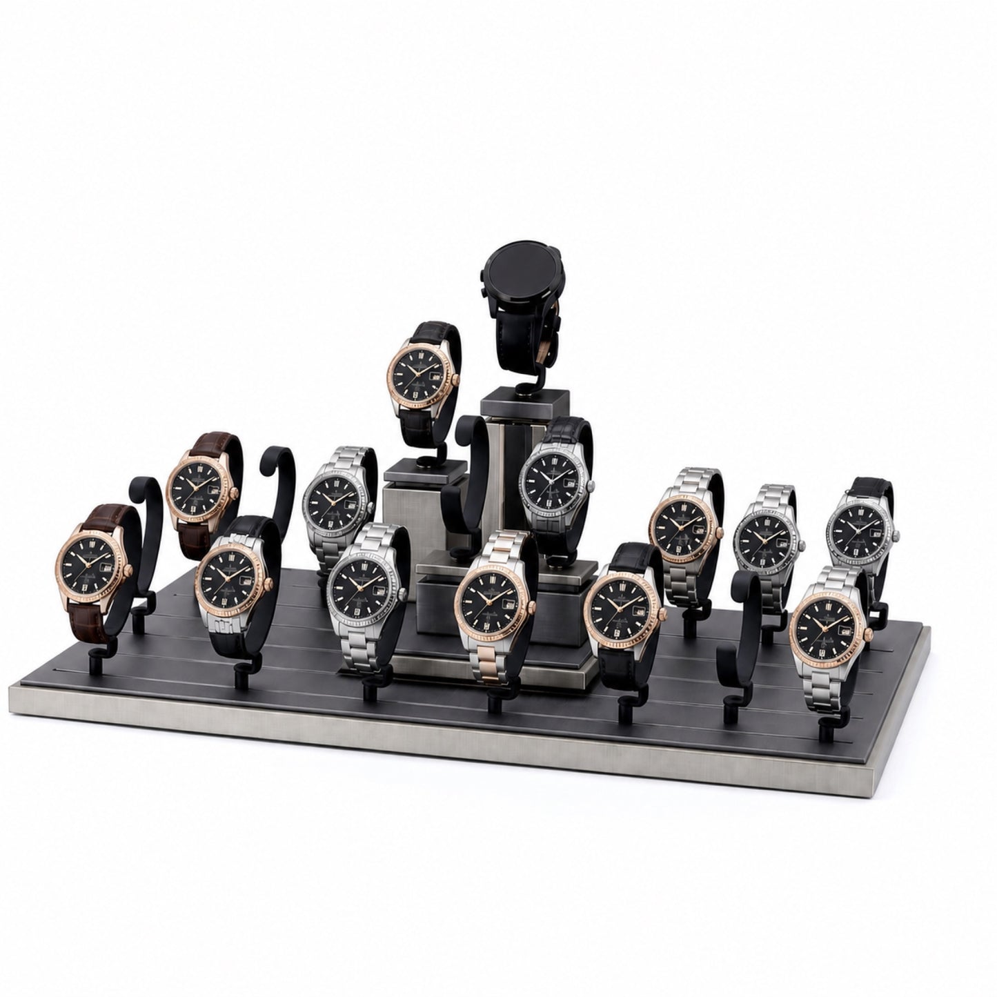 Custom Black Watch Holder Pedestal Display Set without the backboard, styled with watches and jewelry