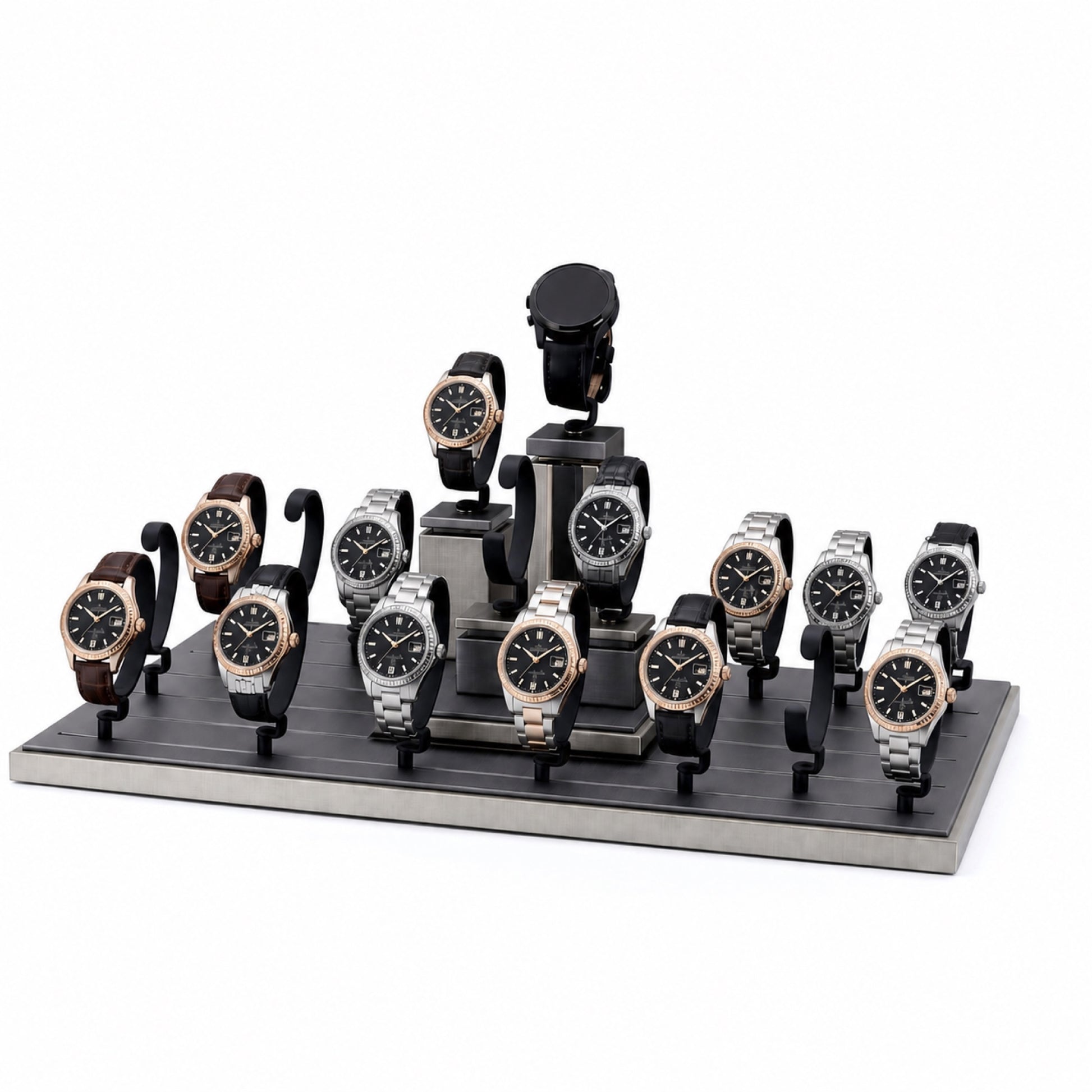 Custom Black Watch Holder Pedestal Display Set without the backboard, styled with watches and jewelry