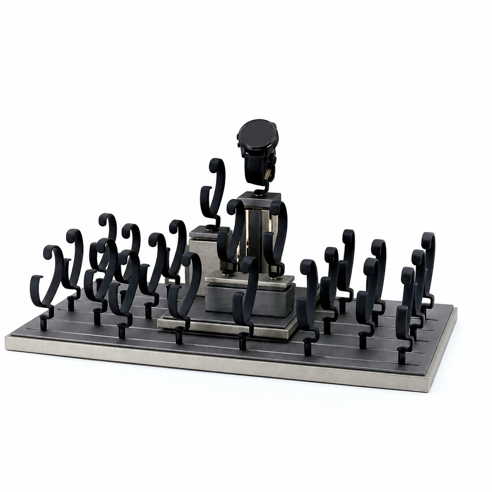Custom Black Watch Holder Pedestal Display Set without the backboard for configuration review