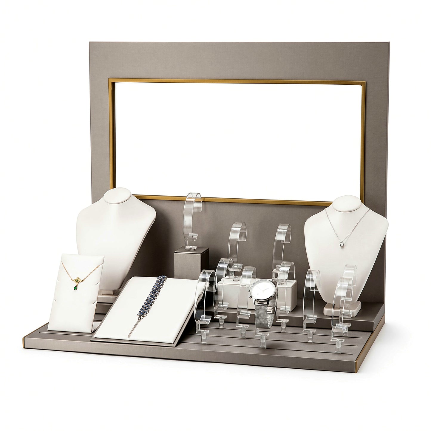Custom Black White Jewelry Store Display Collection with the full backboard in black, white, gray and gold, showing the complete display configuration