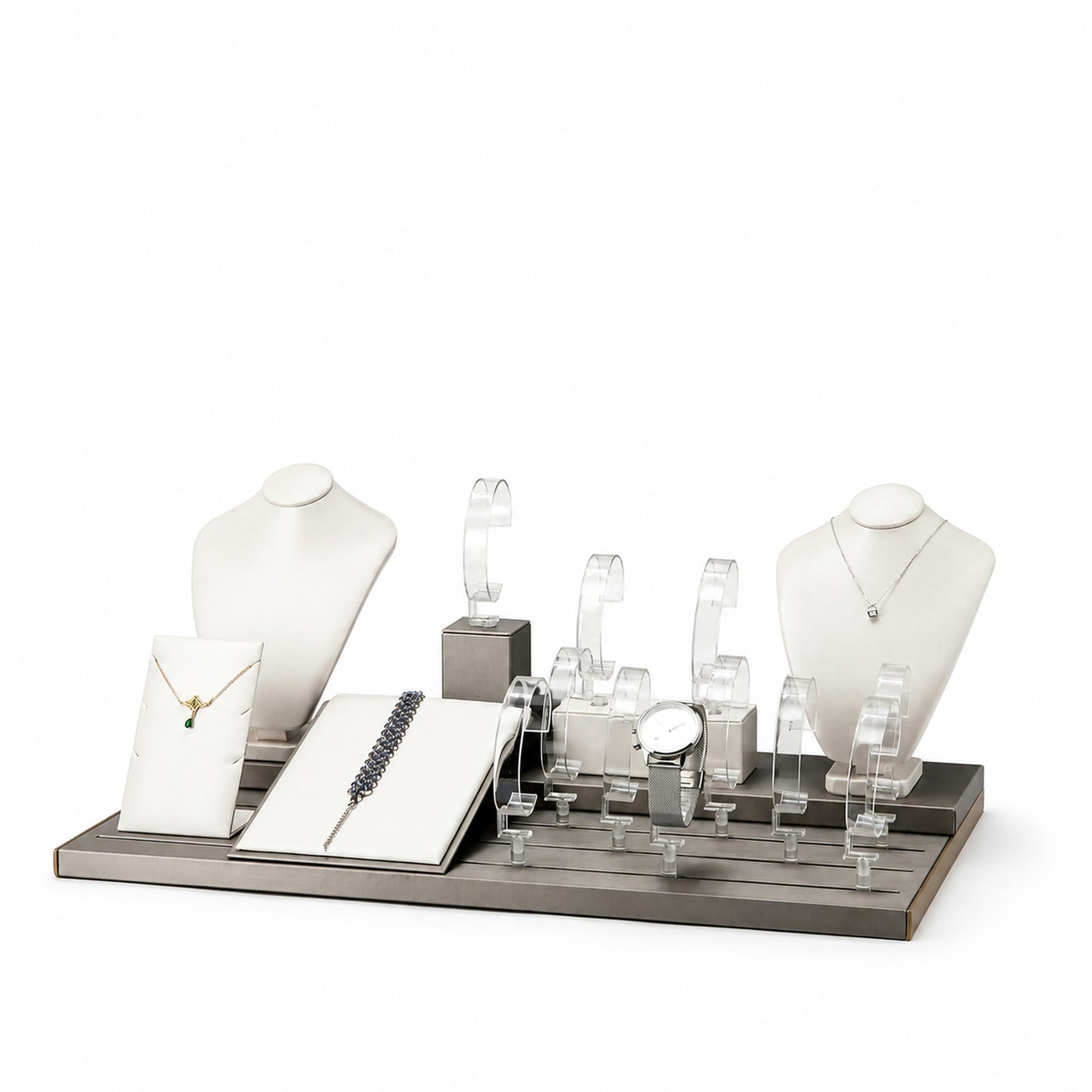 Custom Black White Jewelry Store Display Collection without the backboard, showing necklace busts, bracelet and watch stands, pendant boards, T-bars and tiered base for configuration review