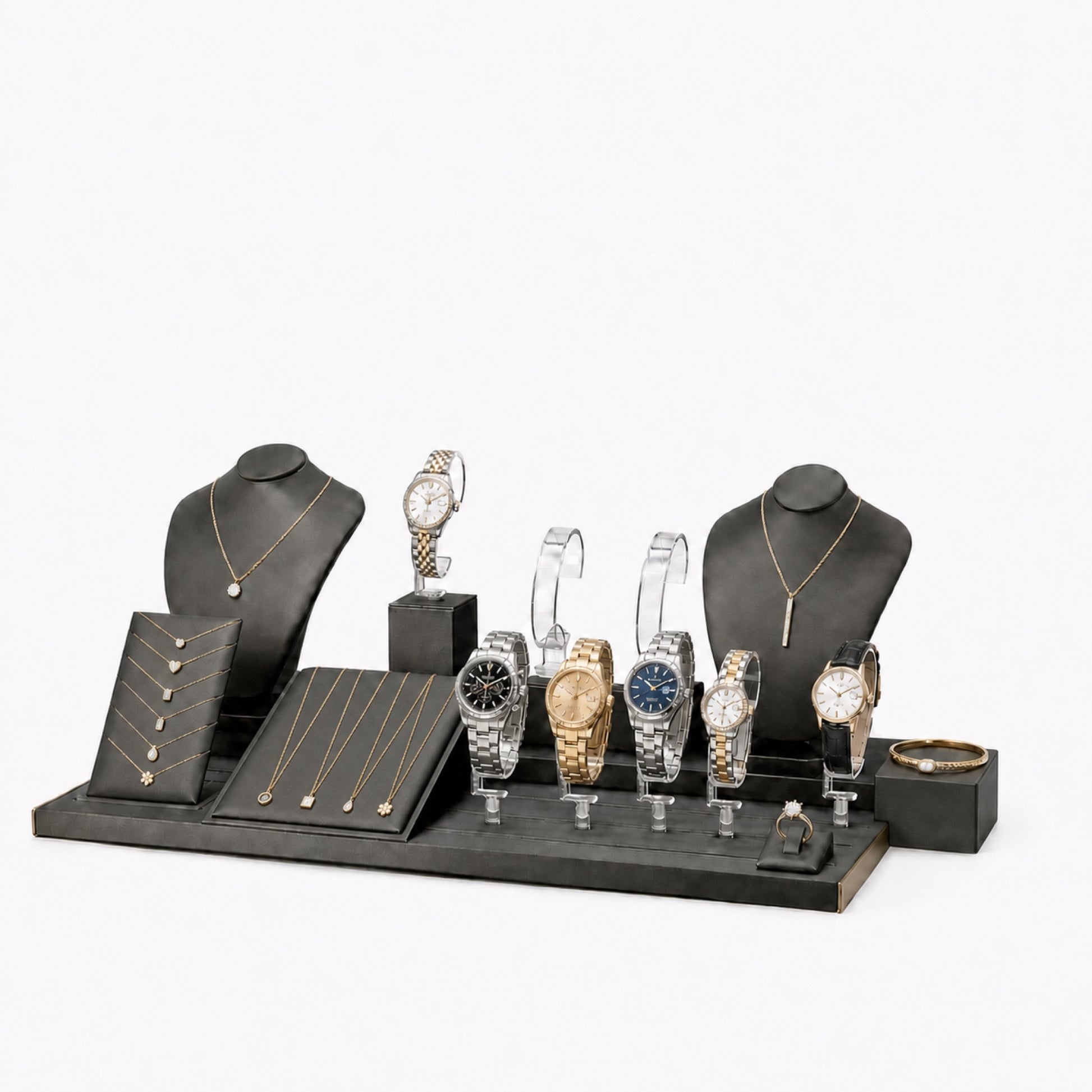 Custom Black White Jewelry Store Display Collection without the backboard, styled with jewelry and watches across the coordinated display pieces