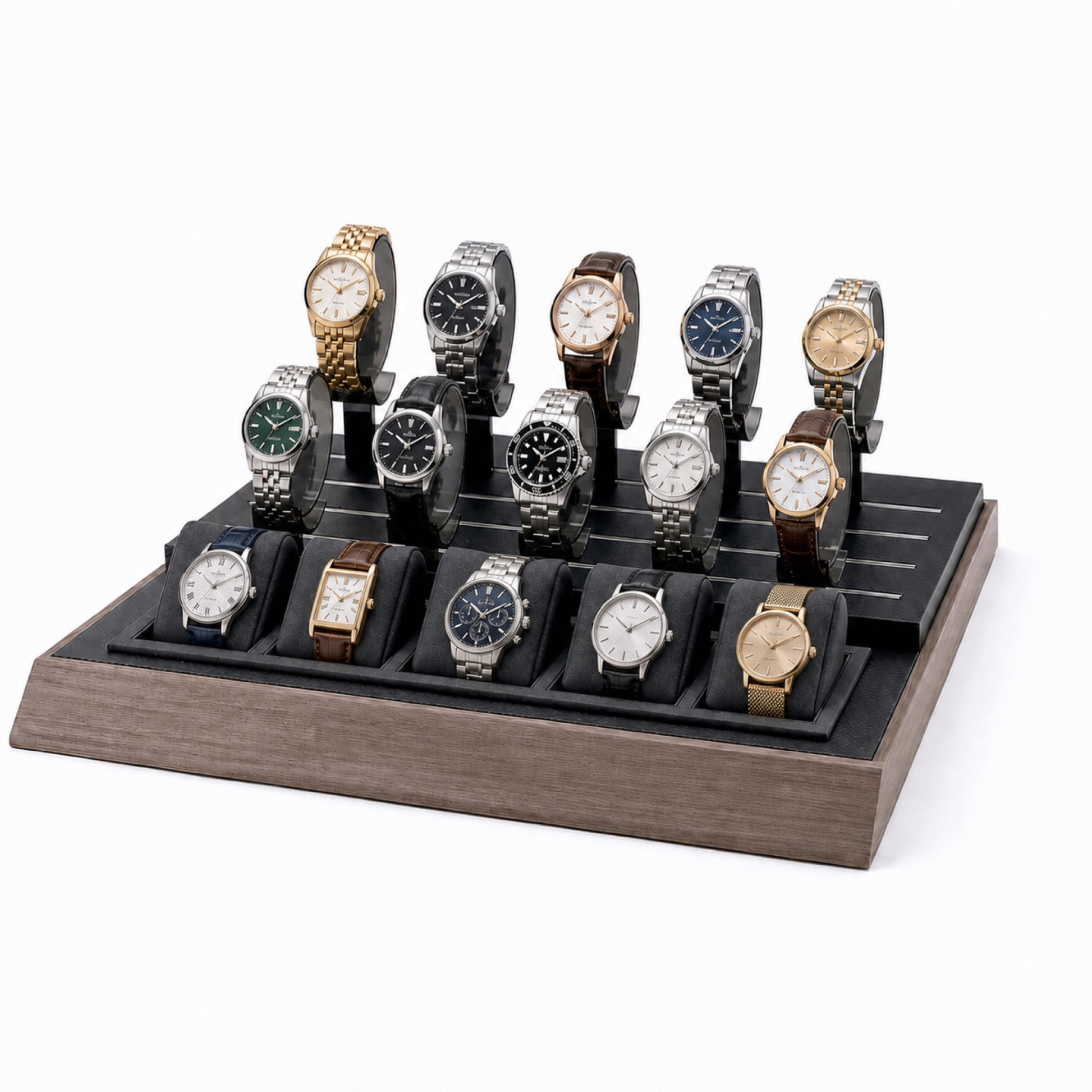 Custom Black White Modular Watch Counter Display Set without the backboard, styled with watches and jewelry