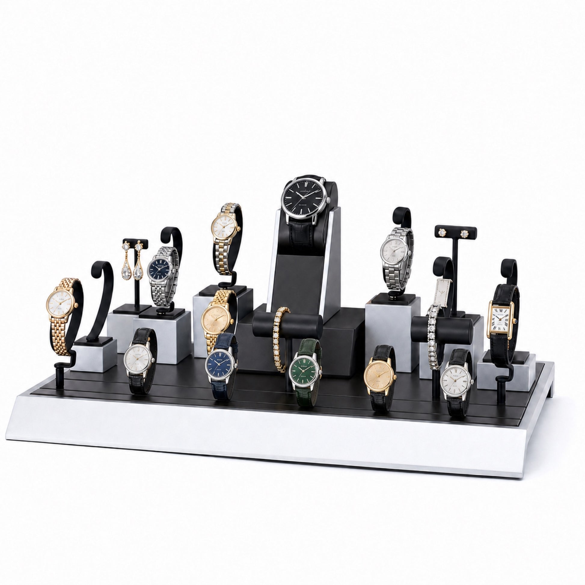 Custom Black White Tiered Watch Holder Set without the backboard, styled with watches and jewelry